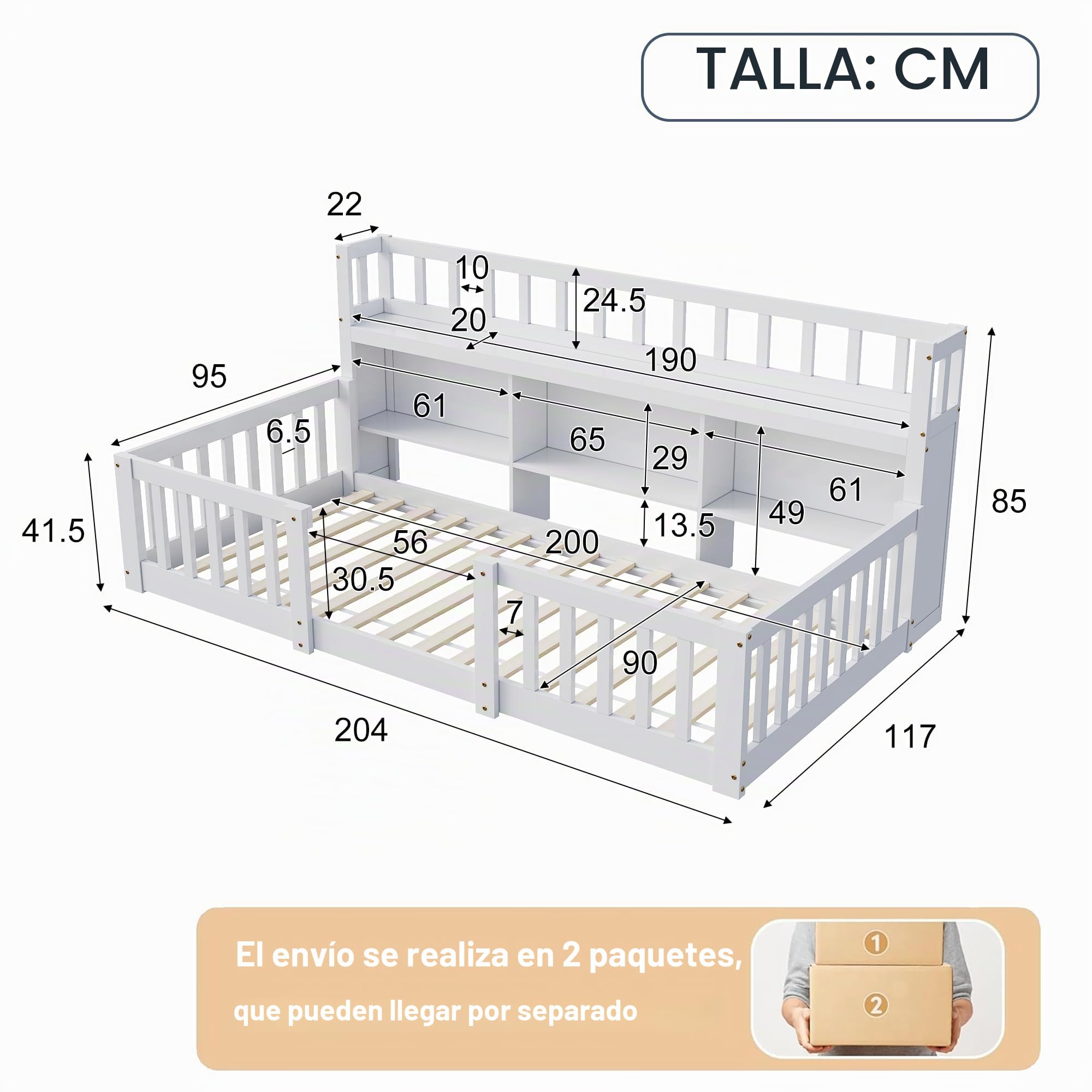 Cama infantil de 90 x 200 cm con escritorio, cama Montessori con protección anticaída y somier, estantería, cama de suelo, cama de madera maciza, marco de cama, color blanco (sin colchón)