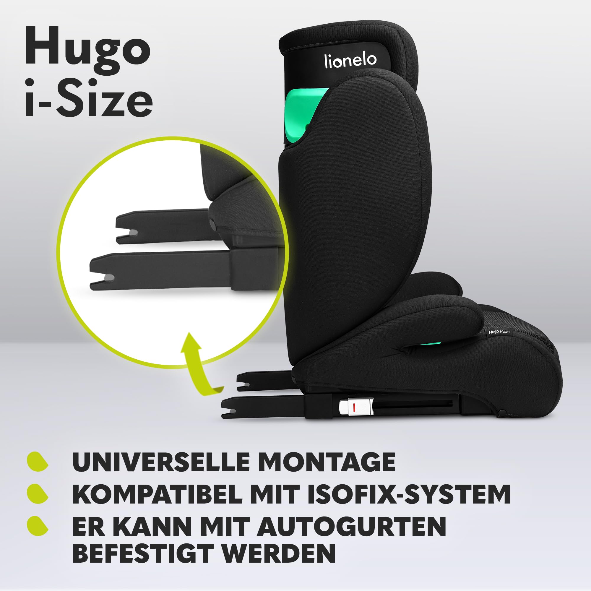 Lionelo Hugo i-Size Kinderautositz Gruppe 2/3, 100–150 cm, 3–12 Jahre, ISOFIX, Seitenaufprallschutz