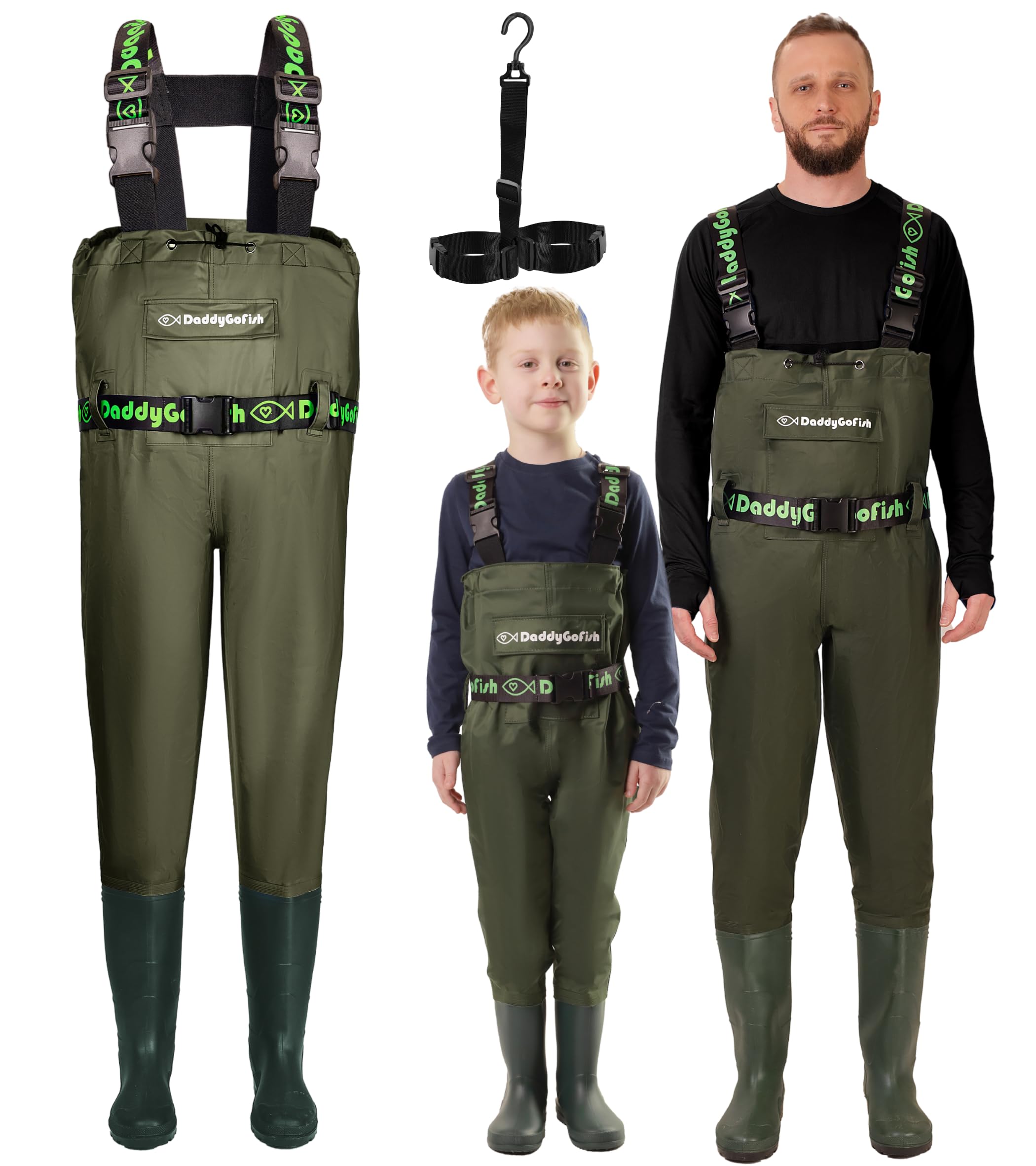 DaddyGoFish Chest Waders for Kids and Adults, Fishing and Hunting Waders with a Pocket and a Wader Hanger – Green