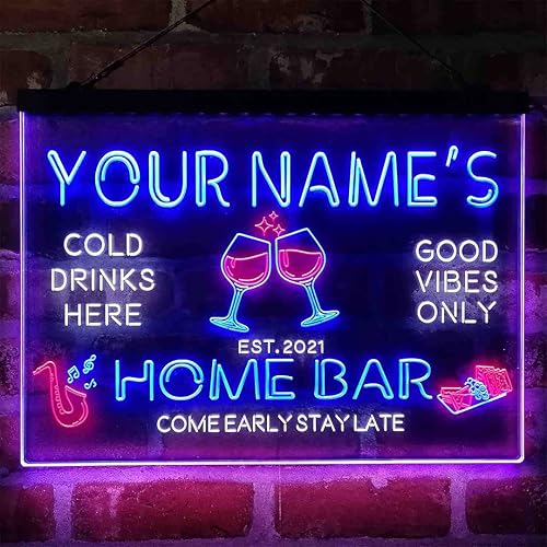 Letrero de luz de neón LED tricolor personalizado con copa de vino tinto, decoración artística grabada en 3D  Personalizar nombre, fecha, texto,