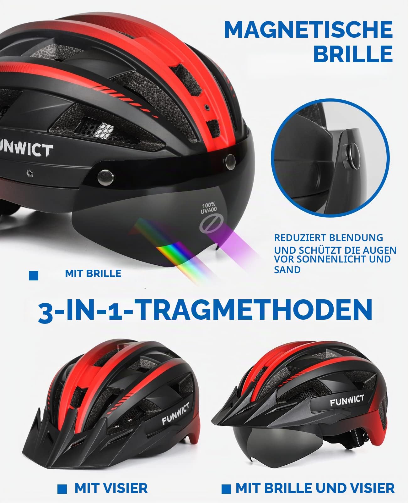 Fahrradhelm mit Visier für Herren Damen, Leichte Fahrradhelm mit Magnetischem Brille und USB-Aufladung LED Licht, Stylisch Mountainbike Helm Größe M/L/XL (L: 57-61 cm, Schwarz und Rot)
