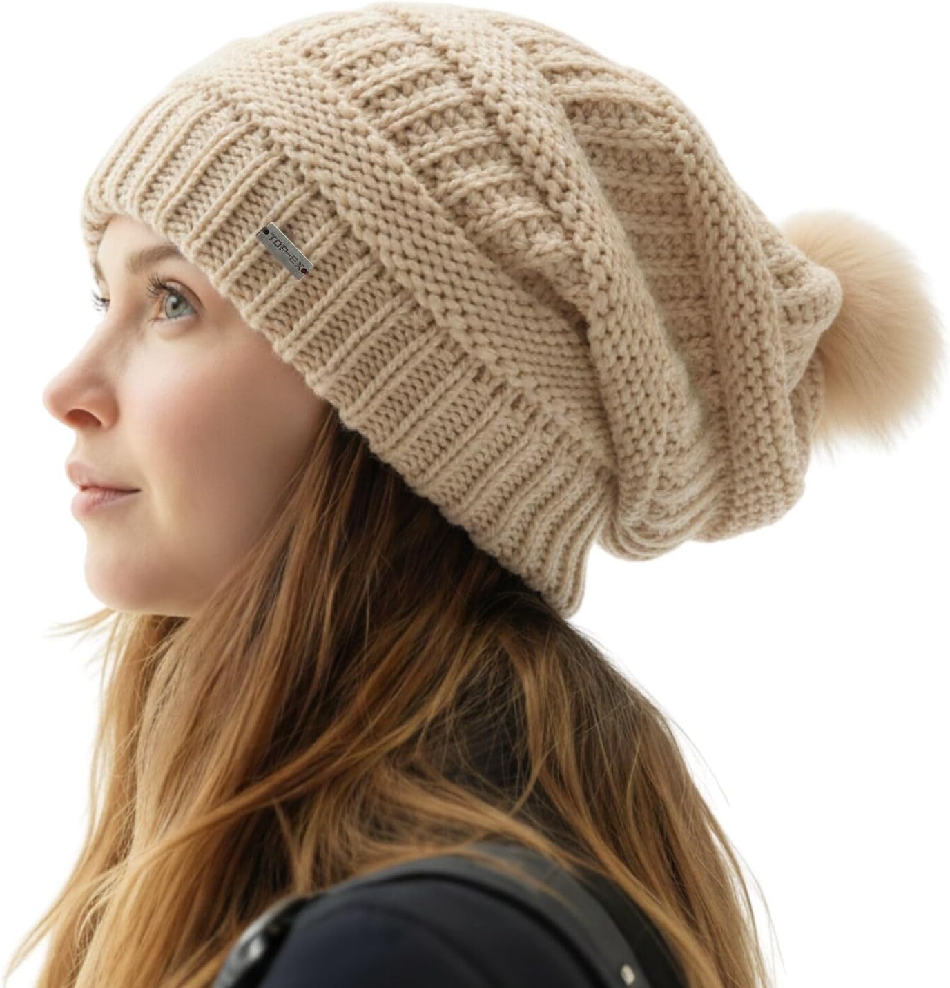 TOP-EX PolarWool™ Winter Slouchy Beanie for Women Icelandic Wool with Faux Fur Pom - Satin or Fleece Lined for Cold Weather