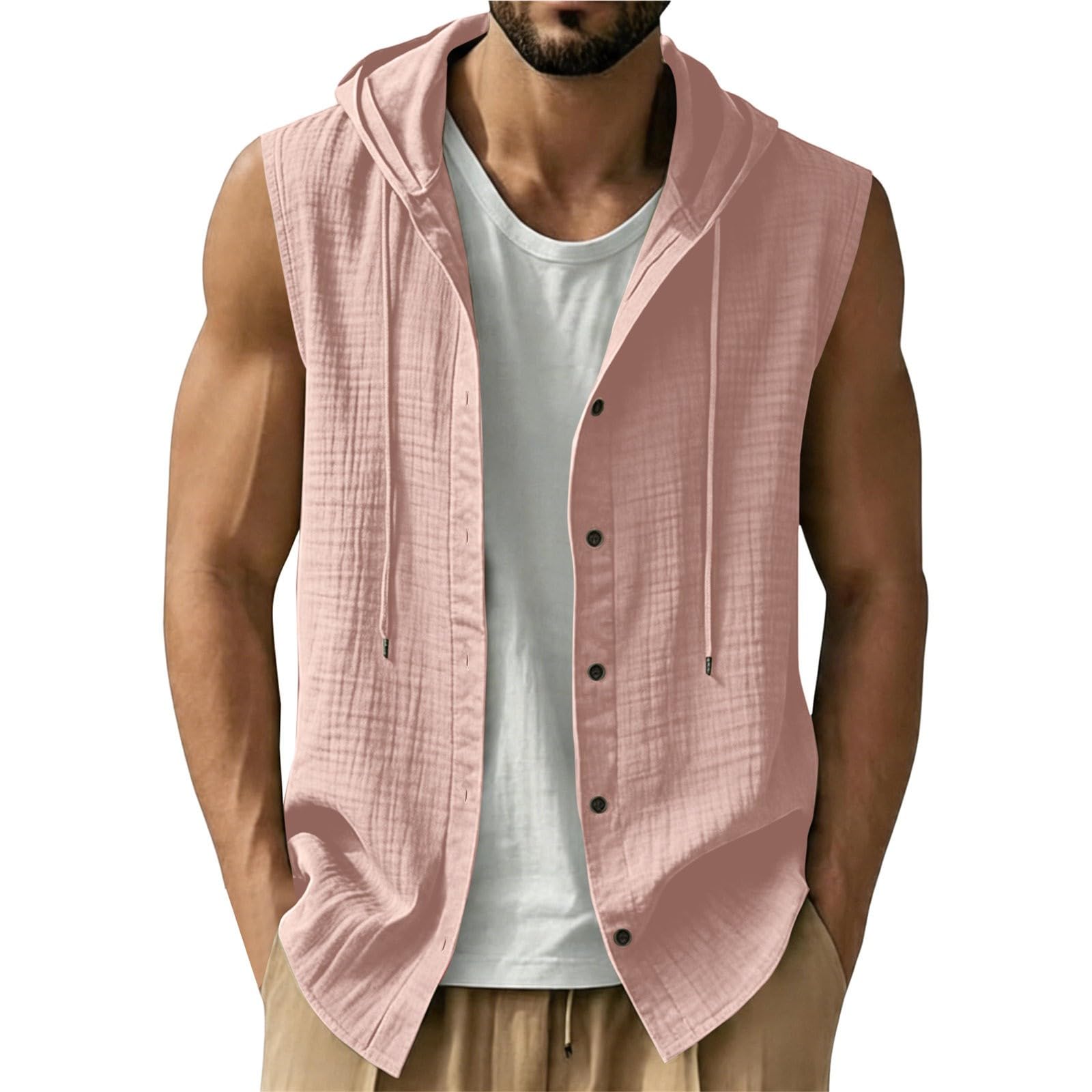Chemise Lin Homme sans Manches éTé Chemises à Capuche BoutonnéE Chemisette De Plage DéContractéE Regular Fit Surchemise Respirant LéGèRe Veste Grande Taille Hoodie