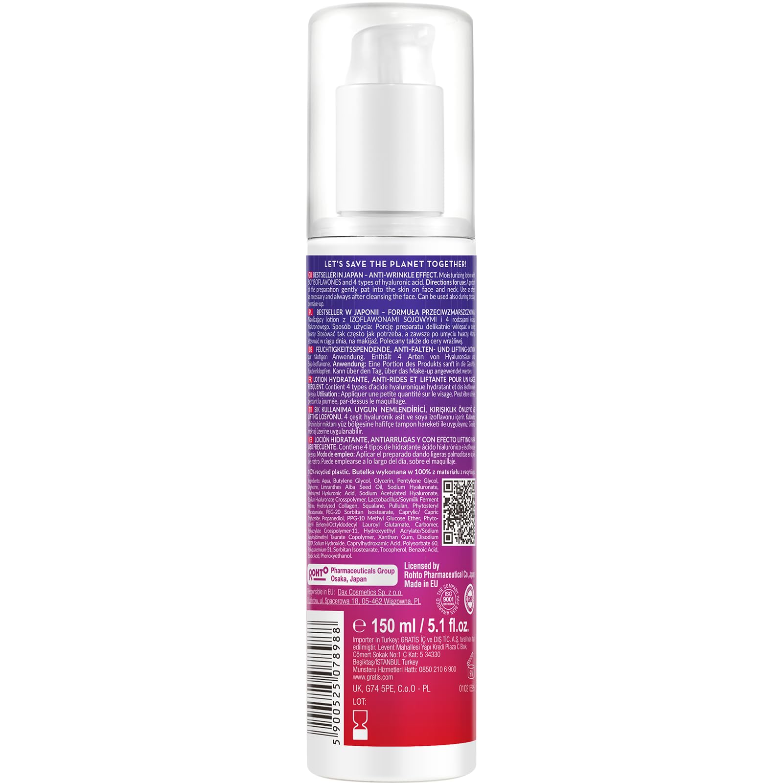 Hada Labo Tokyo Lift No Wrinkles Lifting-Gesichtslotion mit 4 Arten Hyaluronsäure, Soja-Isoflavonen, Kollagen und Squalan, gegen sichtbare Zeichen der Hautalterung, 150 ml