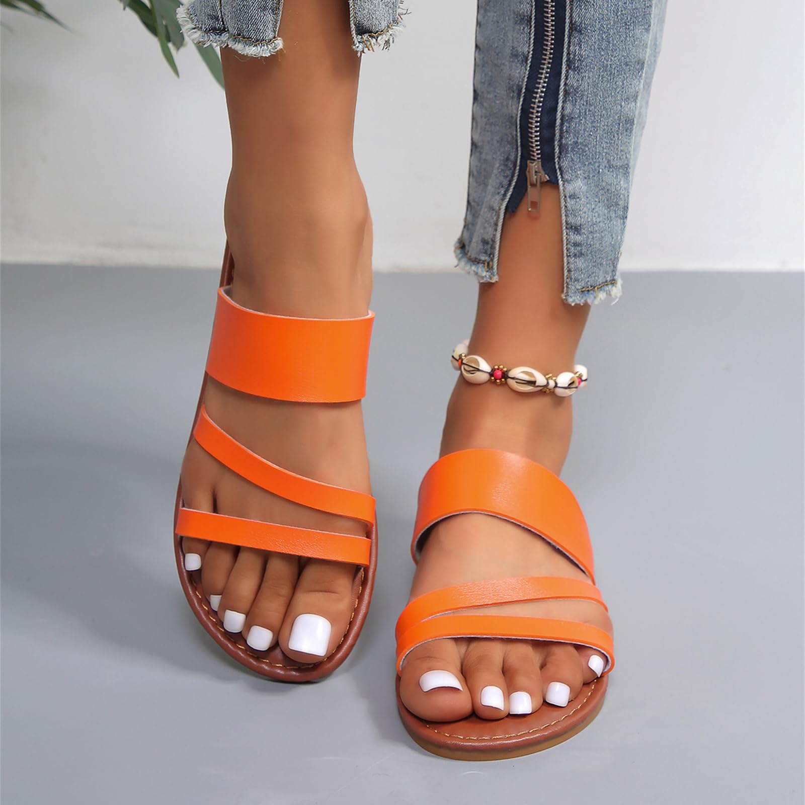 ZKXYFFS Women's Dressy Summer Cross Strappy Slide Sandal Comfort Flat Casual Beach Open Toe Slip on Sandals Roman Slippers