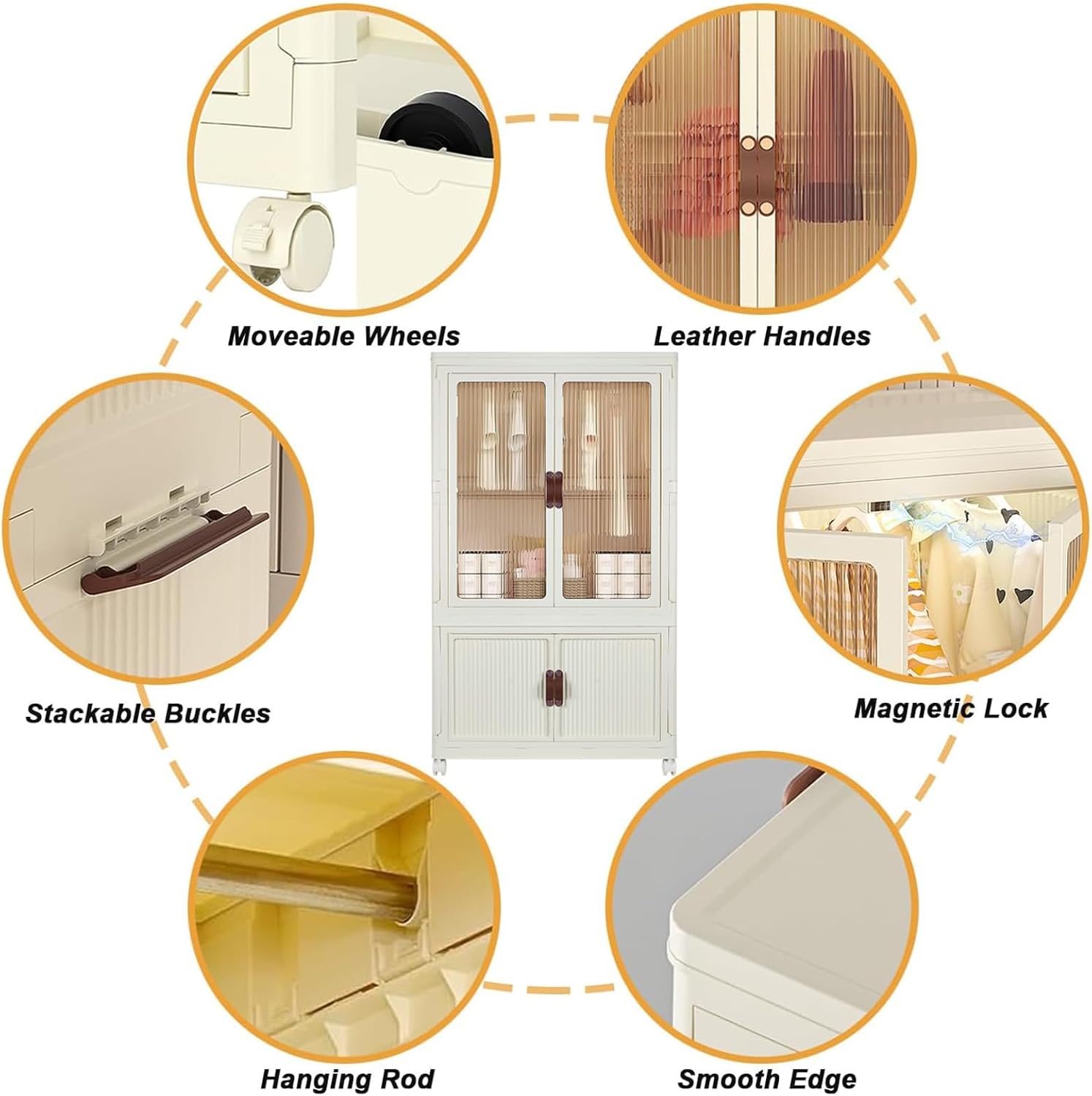 Portable Closet Wardrobe, Folding Storage Bins with Lid, Stackable Storage Box with Hanging Rod and Doors, Collapsible Plastic Clothes Cabinet with Wheels, 10 Hangers