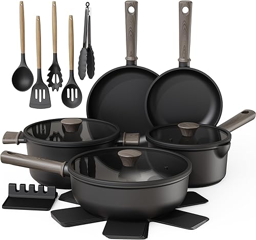Astercook Juego de ollas y sartenes de 18 piezas, juego de utensilios de cocina antiadherentes con elegante mango de madera, apto para horno hasta