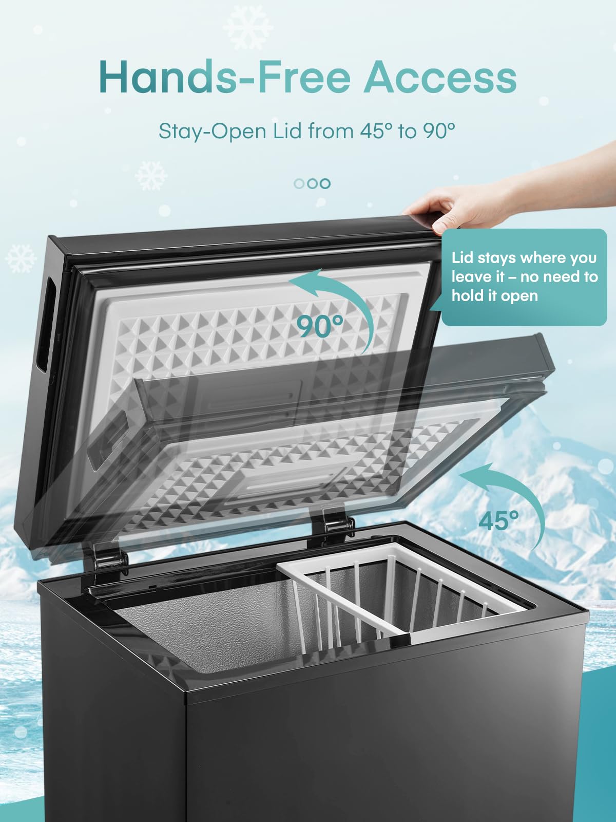 FOHERE Congelador Horizontal, Capacidad 70L, Alto 72.5 cm, Cesta con Asa, Silencioso 45 dBA, 6 Ajustes de Temperatura, Negro