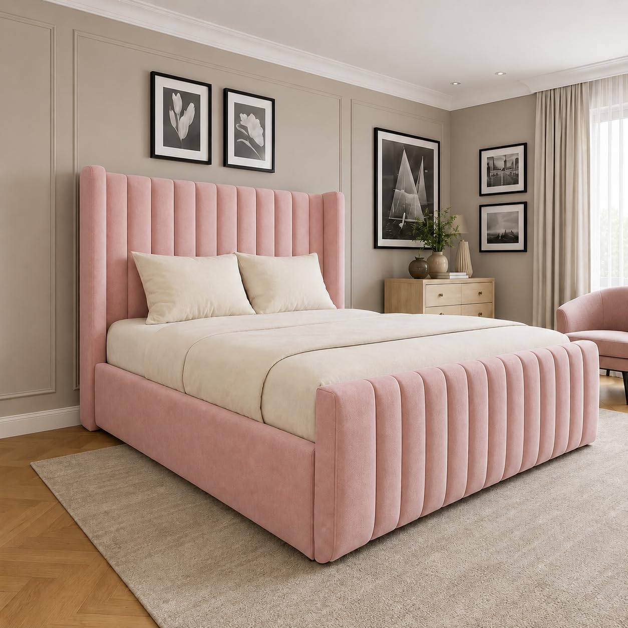 iq beds Padded Bed Frame With Winged Panel Headboard - Upholstered Bed with Gas Lift Storage Choice Modern Bedroom Furniture for Single Small Double Double King and Super King 3ft-6ft