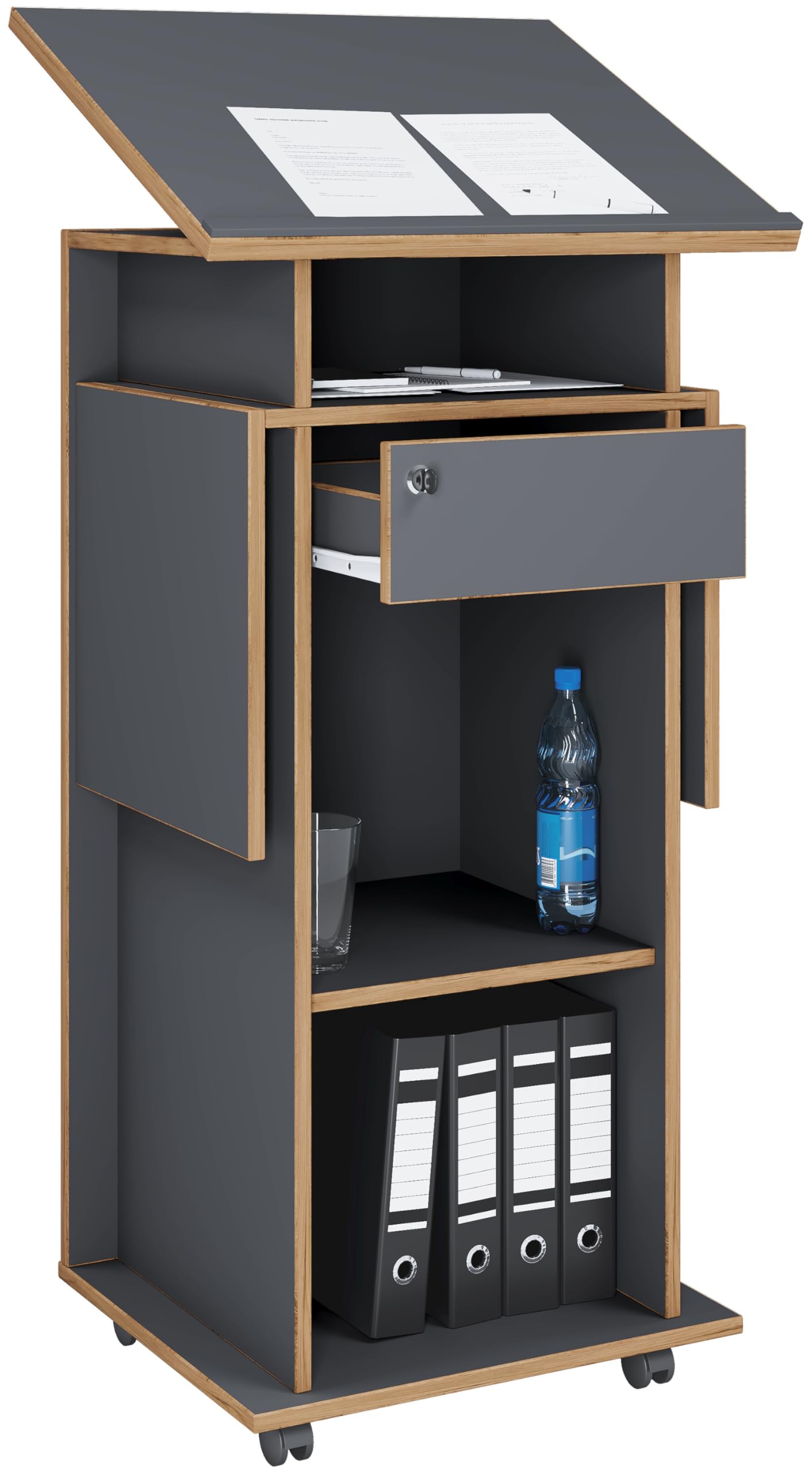 VCM Holz mobiles Rednerpult | Maße ca. H. 107 bis 128 cm x B. 60 bis 123 cm x T. 44 cm | rollbar mit Schublade | Stehpult | Stehtisch - Salia Anthrazit