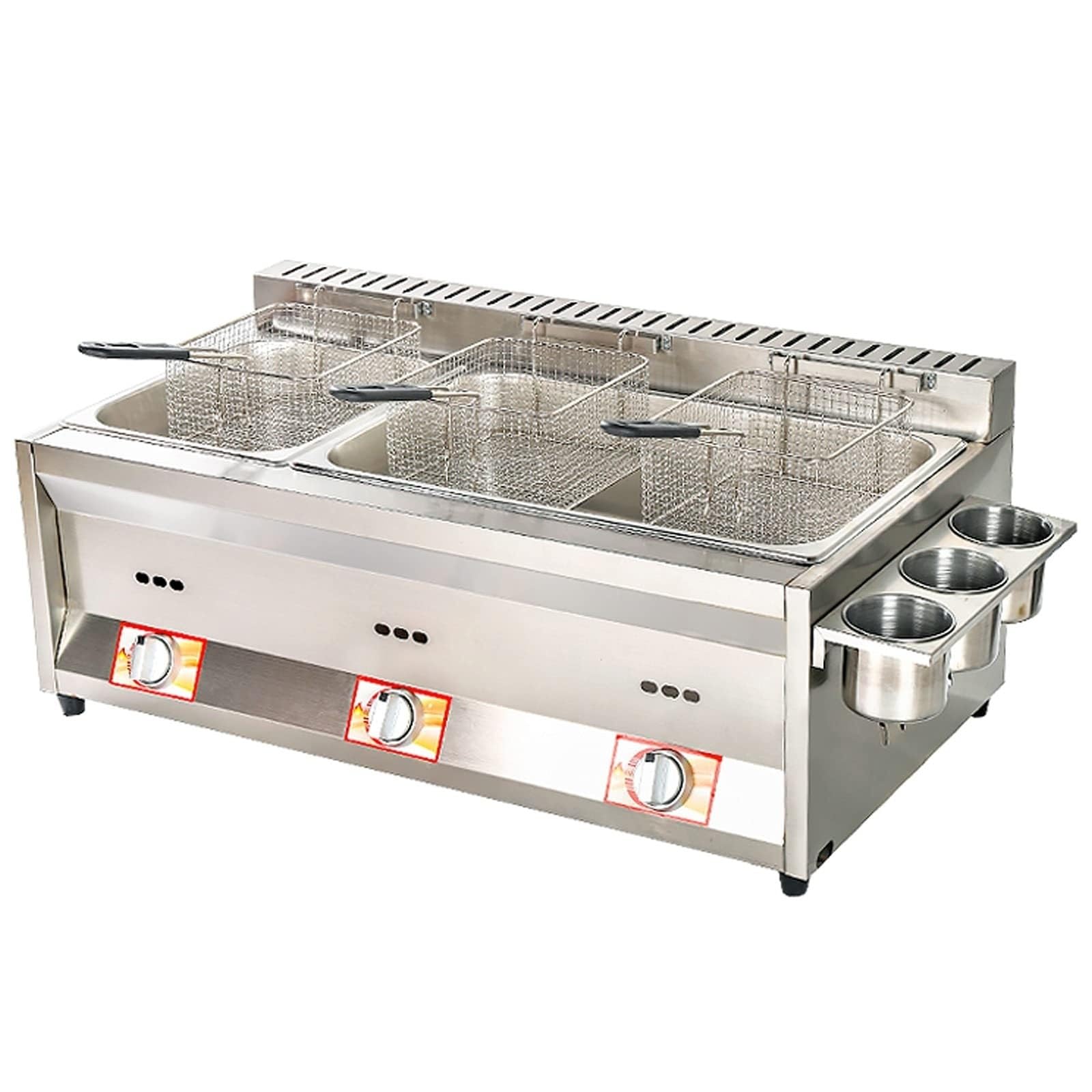 Friggitrice a gas di grande capacità in acciaio inossidabile, friggitrice GPL domestica e commerciale, fiamma regolabile, completa di cestelli e coperchi, per patatine, ciambelle e pesce(8L+8L+8L)