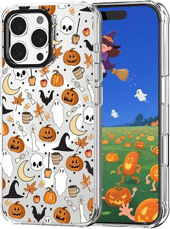 Halloween Phone Case for iPhone 16 Pro Ghost Case Compatible with MagSafe,Clear TPU+Black Camera Frame Protection Cute Phone Cover with Skull Bat Pumpkin Pattern Designed 6.3 inch