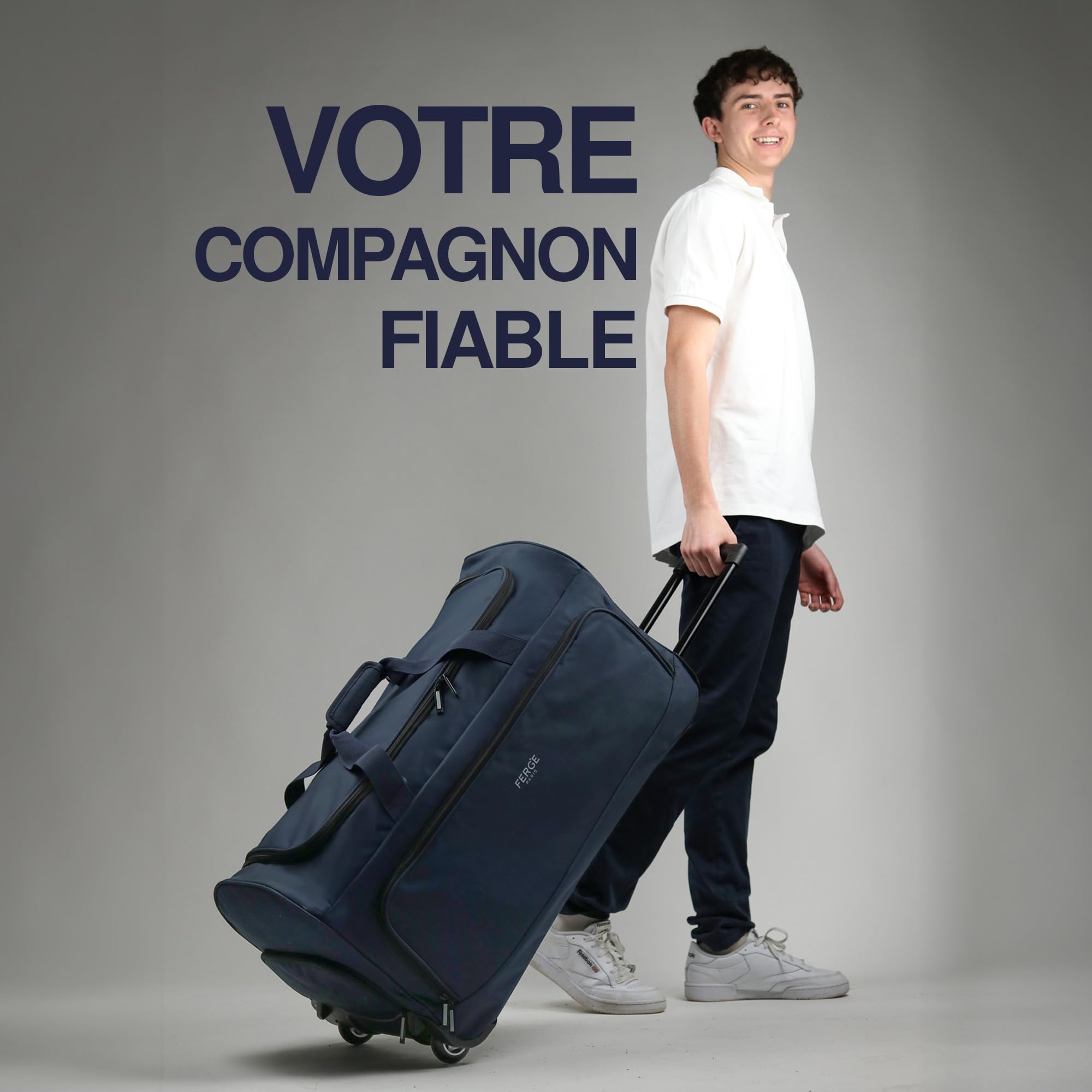 FERGÉ Sac de Voyage à roulettes Paris | Compartiment séparé pour Chaussures Bagage Souple Trolley Sac de Voyage 90 litres, Marine