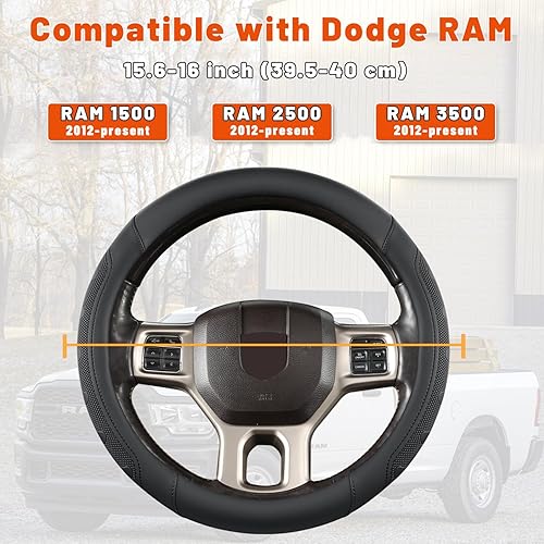 Miniatura 3 de GIANT PANDA Funda para volante de coche para RAM 1500 2500 3500, compatible con Dodge RAM de 15.5 a 16 pulgadas, color negro