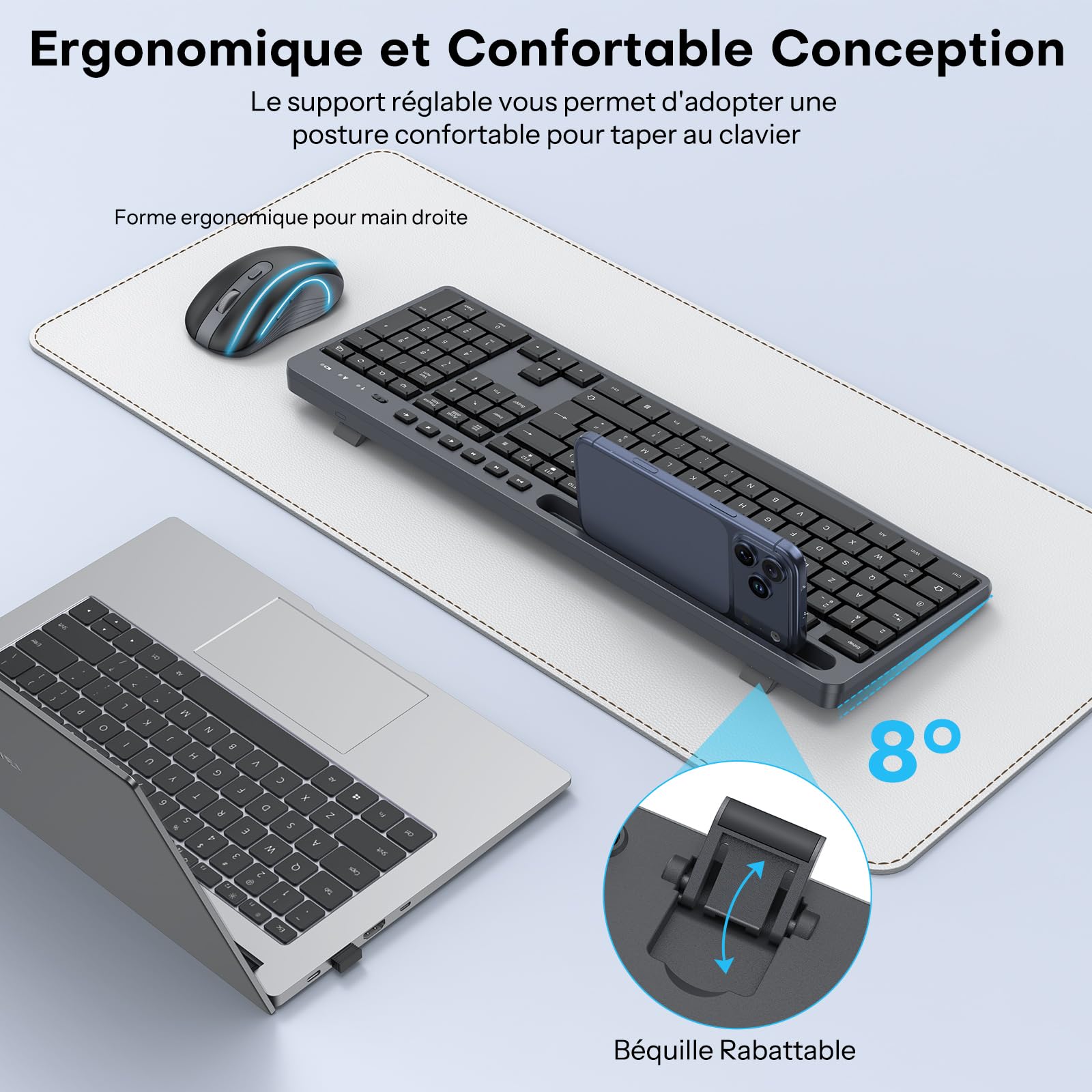 Ensemble Clavier et Souris sans Fil OMOTON, 2,4 GHz AZERTY, Noir-Gris | Support pour téléphone intégré, Silencieux, Ergonomique, 3 DPI, Voyant d'alimentation, pour Windows/Linux/PC, Bureau, études