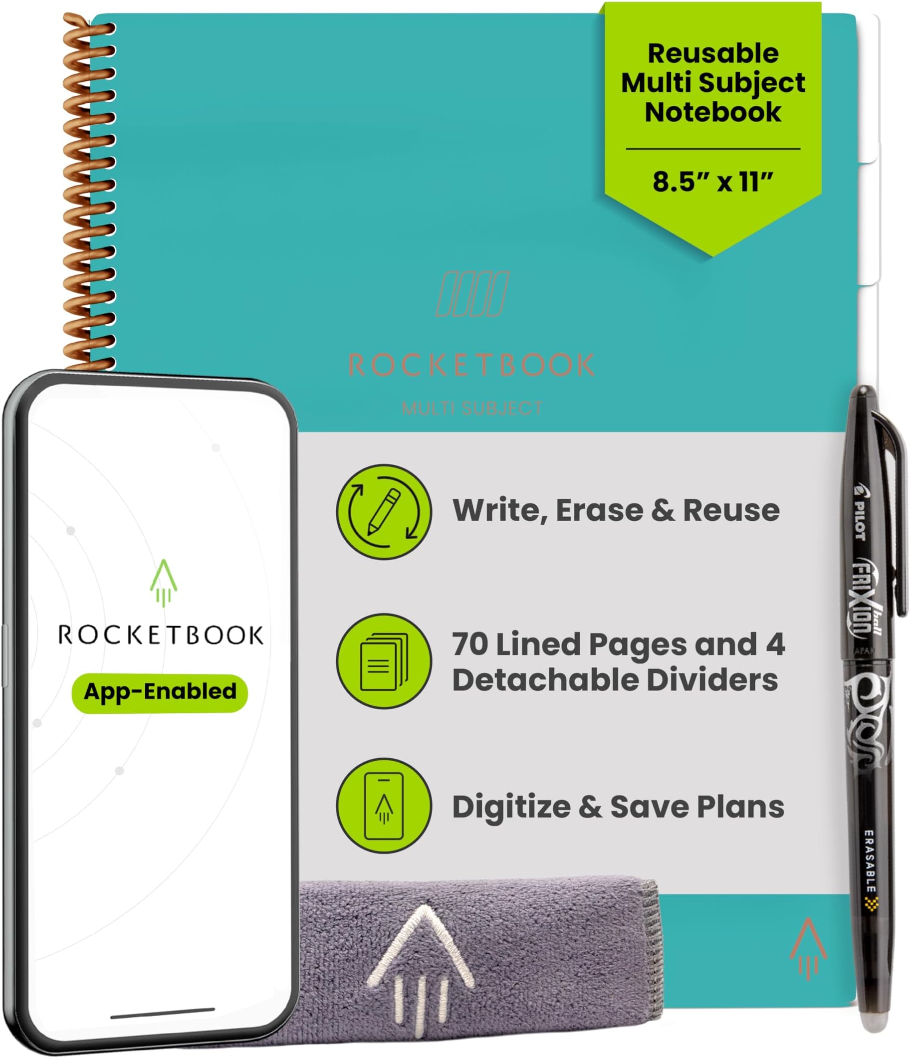 Rocketbook Multi-Subject Reusable Smart Notebook, Notebook For School and Work, 70 Lined Pages Multi-Subject, 4 Adjustable Dividers, Letter Size 8.5x11, Teal