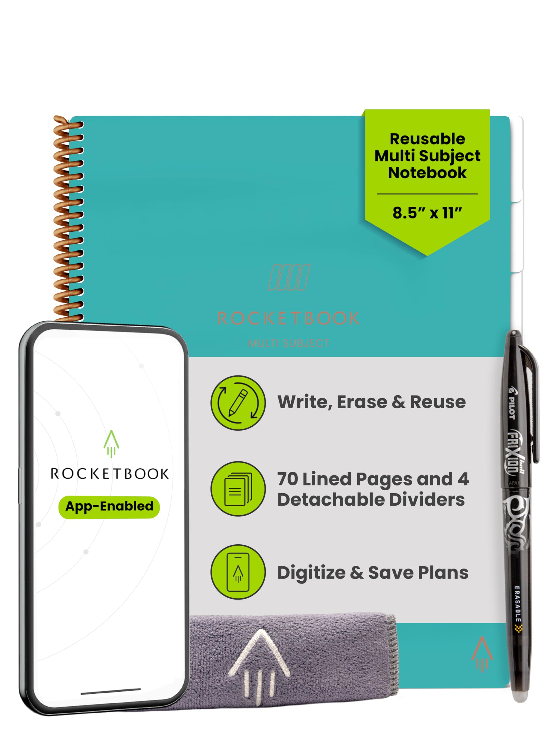 Rocketbook Multi-Subject Reusable Smart Notebook, Notebook For School and Work, 70 Lined Pages Multi-Subject, 4 Adjustable Dividers, Letter Size 8.5x11, Teal