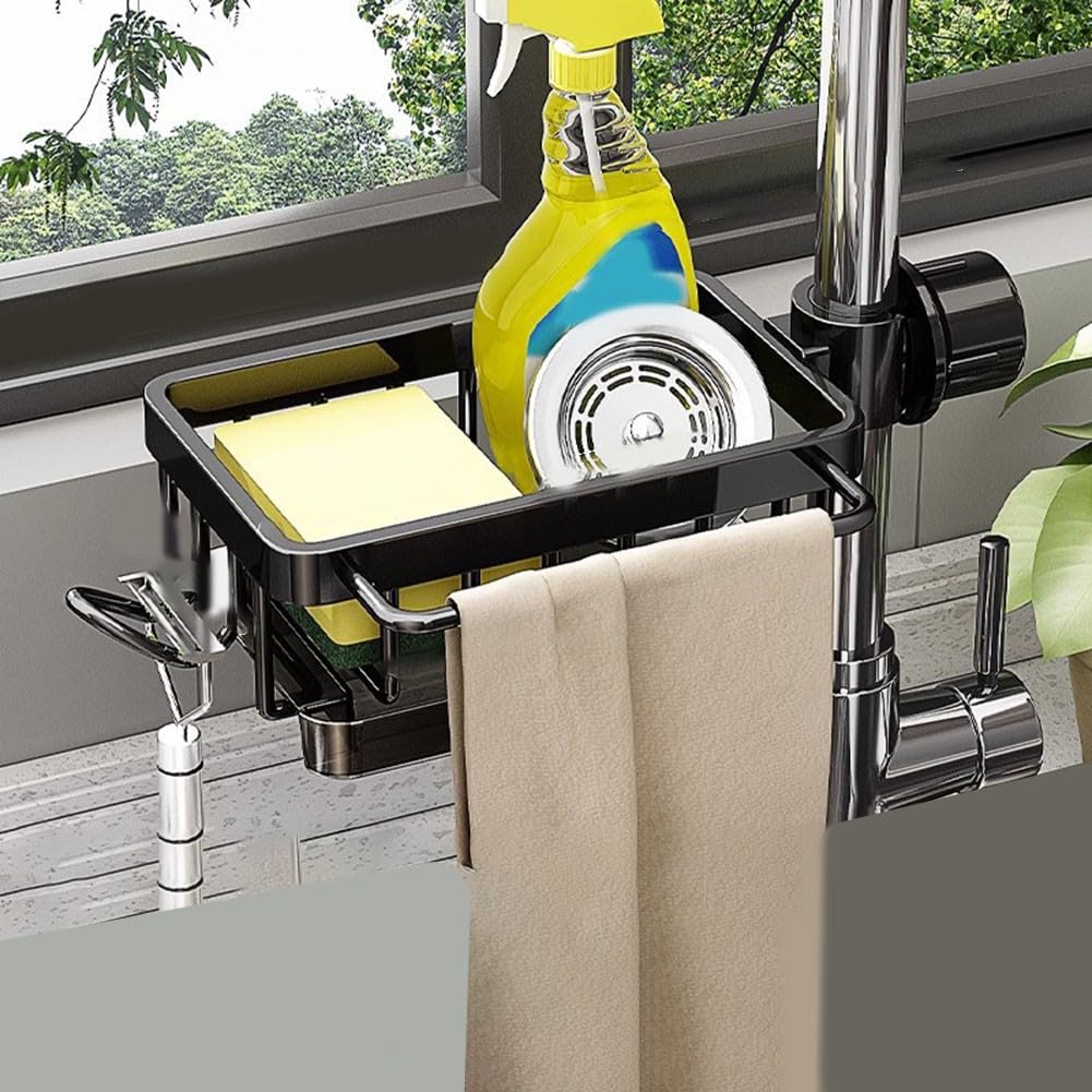 LMYSXAOZ No Drill Kitchen Sink Organizer Tap Storage Rack Multi-Functional Sponge Dishcloth Towel Holder Space Saving Shelf Black Grey Silver