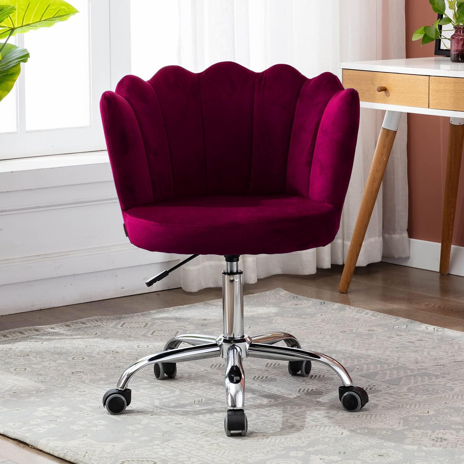 Finch Fox Crown Chair with Wheels Modern Leisure Desk Task Chair Velvet Upholstered Shell Ergonomic Mid-Back Velvet Adjustable Swivel Office Chair for Bedroom Living Room in Dark Pink Color (Metal)