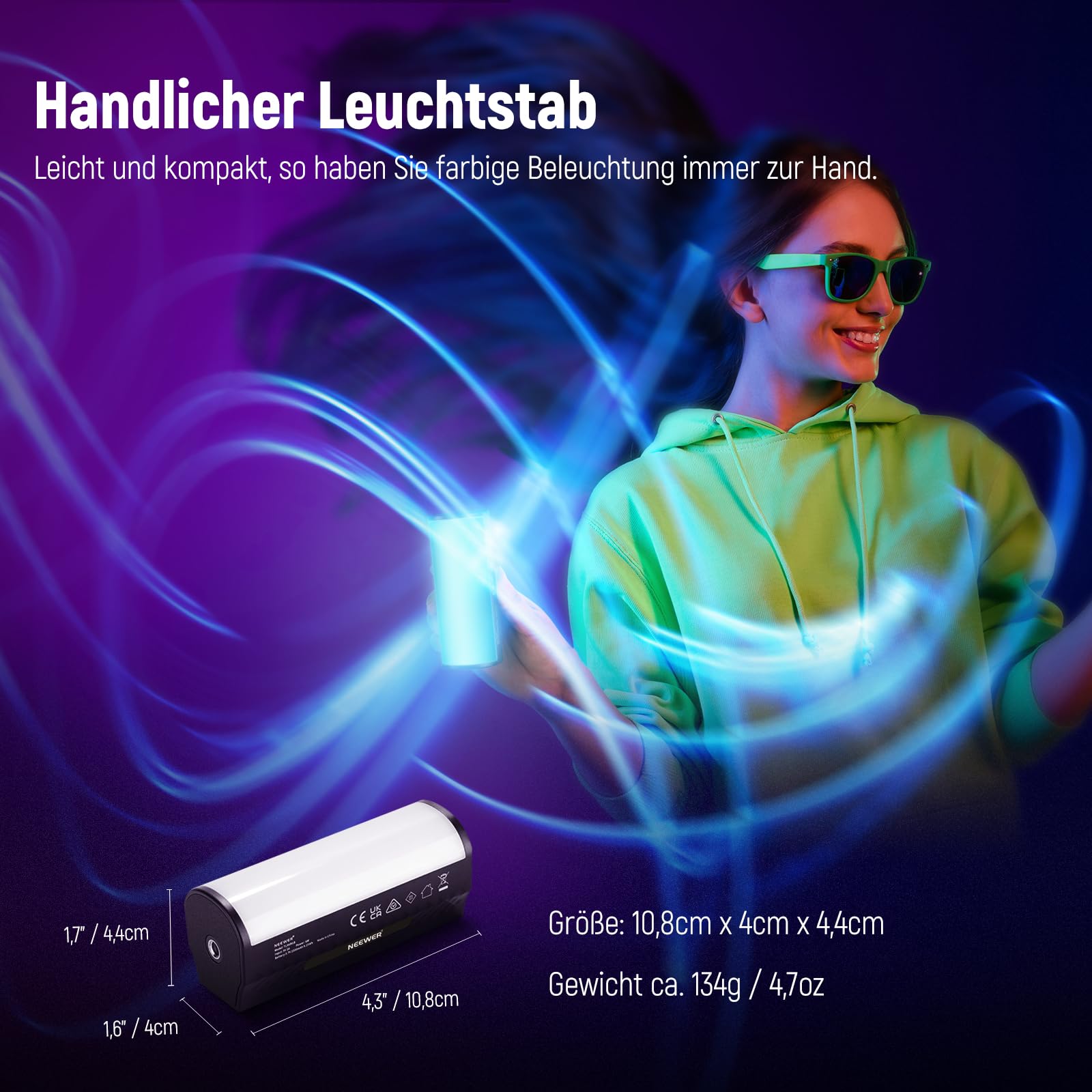 NEEWER RGB LED Videolicht - Magnetischer Light Stick Mit 2500mAh Akku, 2500-8500K Dimmbar