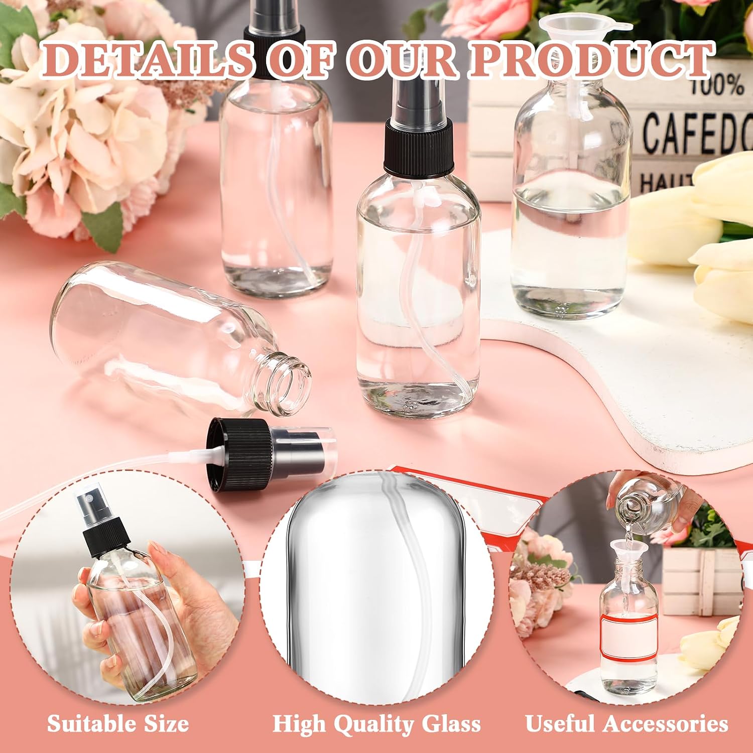 Fumete 2 Pack Glass Spray Bottles 4oz,Clear, Black Top,Mist Bottle image 3