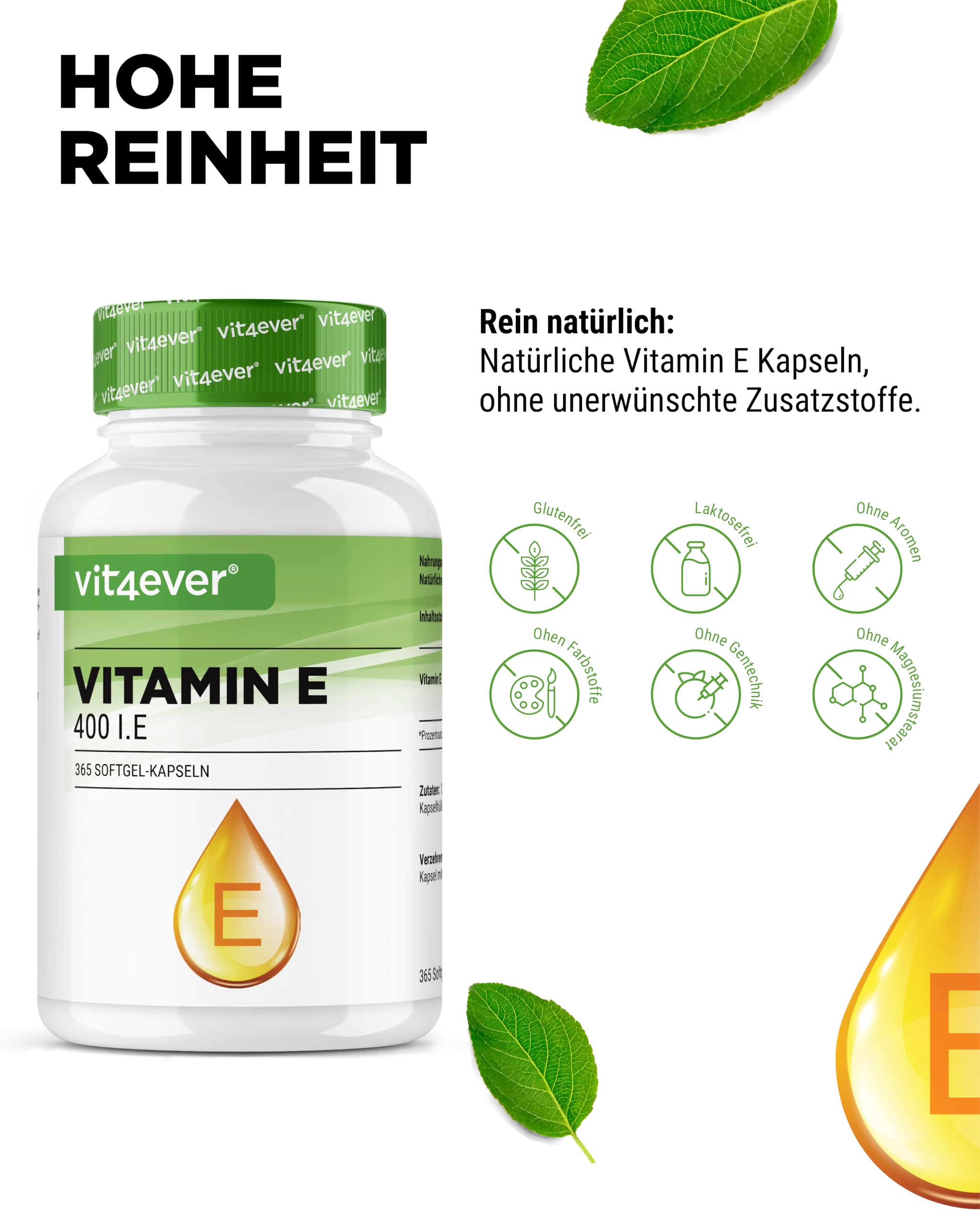 vit4ever Vitamin E 400 I.E. natürlich - 365 Softgel Kapseln - Premium: Natürliches Vitamin E aus Sonnenblumen - 12 Monatsvorrat - Hochdosiert
