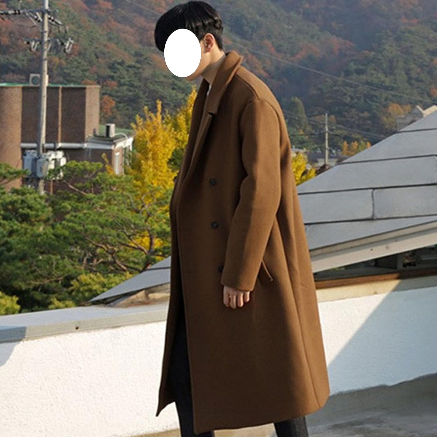 Mens Notch Lapel Wool Trench Coat Slim Fit Casual Outdoor Pea Coat Warm Winter Mid-Long Windbreaker Jacket