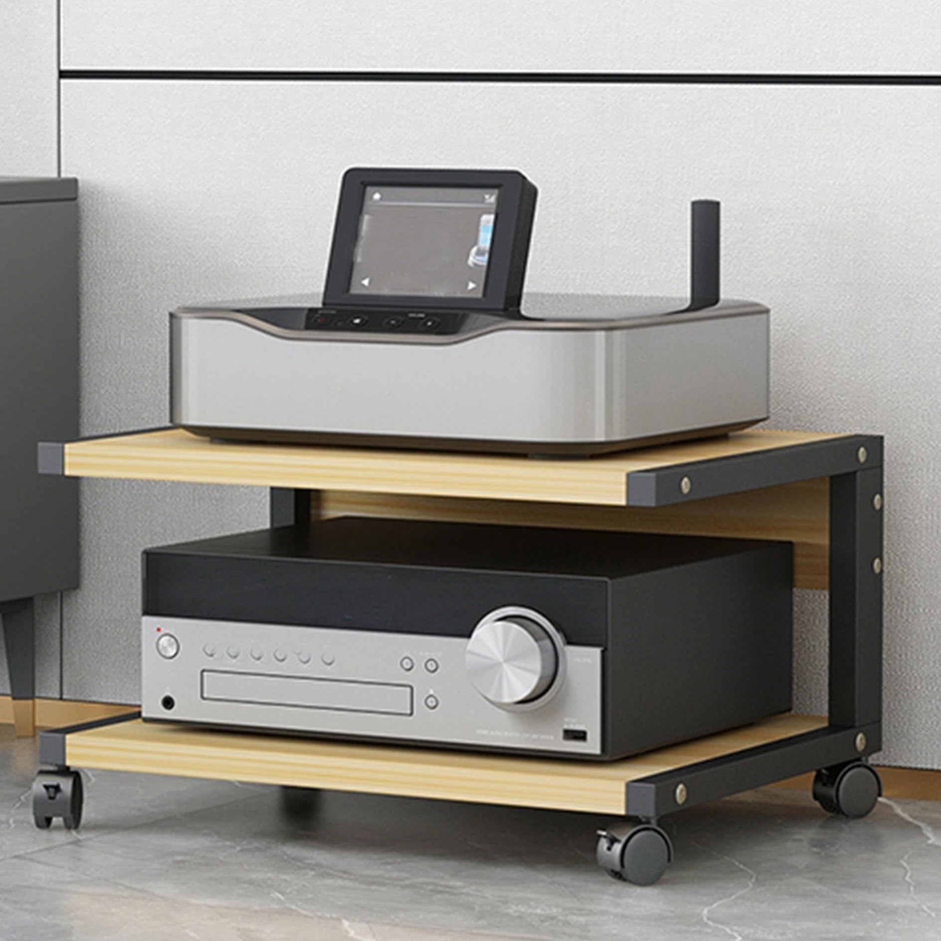 Étagère de rangement à double niveau avec roulettes pour console PS5 et lecteur DVD grain bois