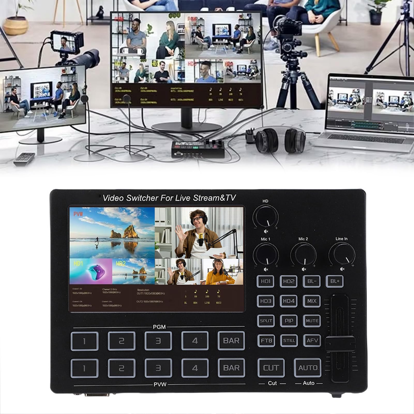 Jectse Switcher Video 4K con Schermo da 5 Pollici, Interfaccia Multimediale HD a 4, Visualizzazione Multipla in Tempo Reale, 30 Effetti di Transizione, Chiave Cromatica, PIP, per (Spina europea)