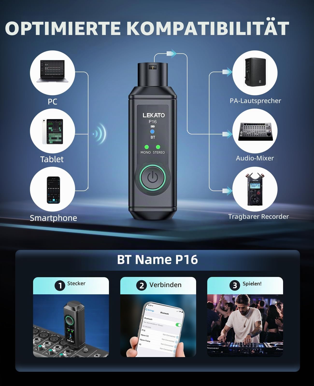 LEKATO P16 Bluetooth XLR Empfänger, 2 Hi-Fi Empfänger mit 50 m Reichweite, Stereo Funk-Audioempfänger mit 15H Akkulaufzeit, Mono/Stereo-Modus, Bluetooth-Adapter für PA, DJ und Mixer