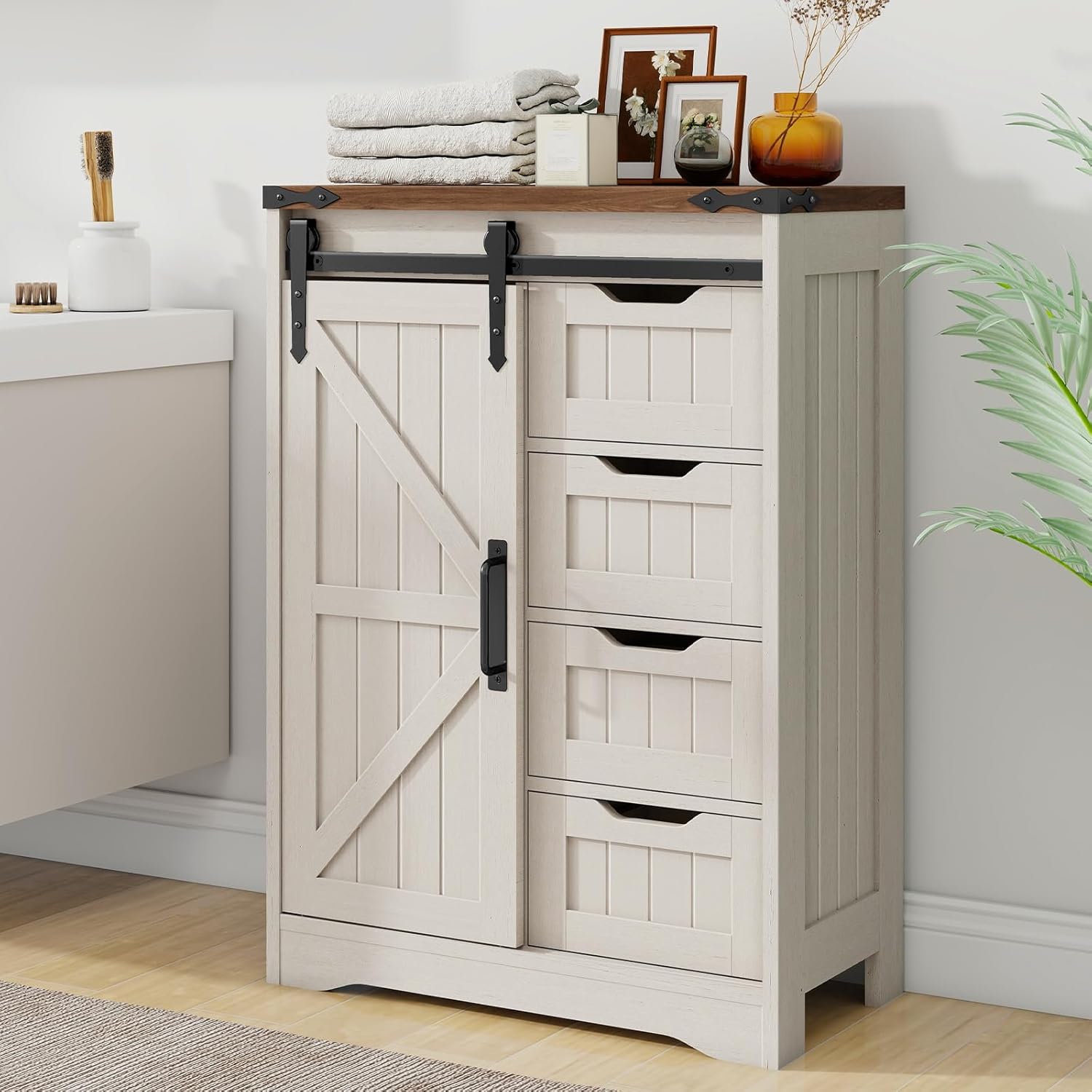 Farmhouse Bathroom Floor Storage Cabinet with 4 Drawers, Bathroom Cabinet with Sliding Door, Rustic Storage Organizer for Kitchen, Living Room, Rustic Style, White Farmhouse Bathroom Floor Storage Cabinet with 4 Drawers, Bathroom Cabinet with Sliding Door, Rustic Storage Organizer for Kitchen, Living Room, Rustic Style, White