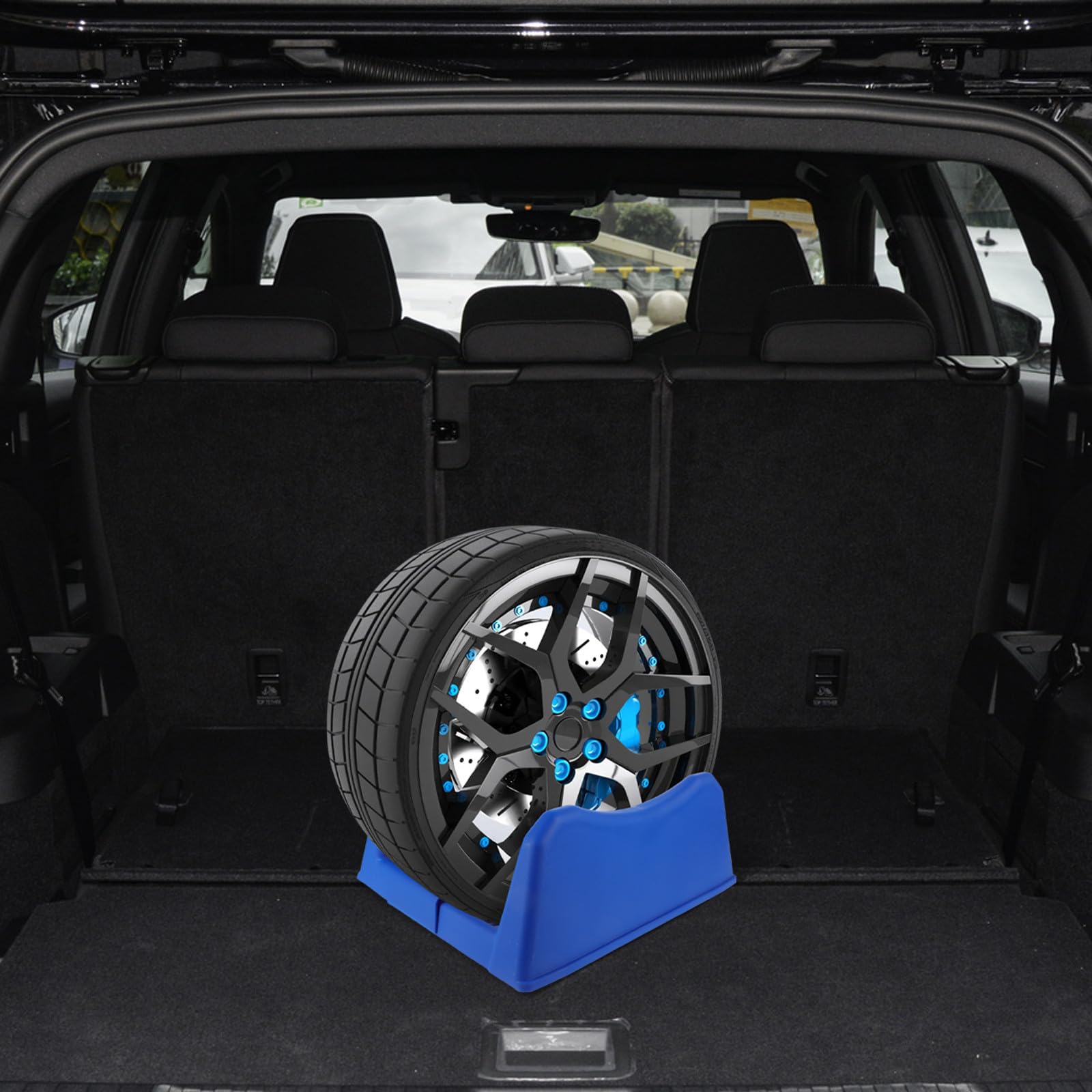 Rastrelliera Porta Pneumatici Blu con Base Mozzo Ruota, Supporto Espositore in Plastico per Uso Domestico e Garage, Soluzione Pratica per Stoccaggio e Esposizione