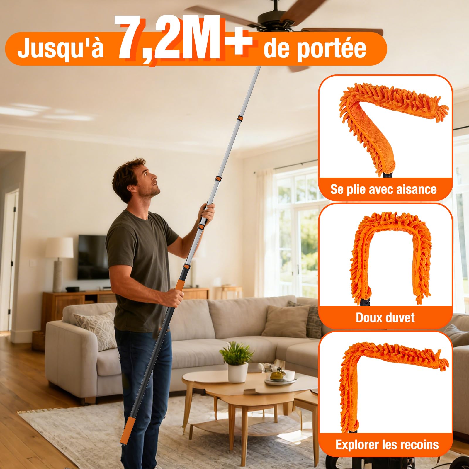 SISUPASSIE 7,2m Plumeau Poussiere Telescopique avec Perche Télescopique, Plumeau Microfibre, 2-en-1 Raclette Vitre Professionnel, Utilisation intérieure et extérieure