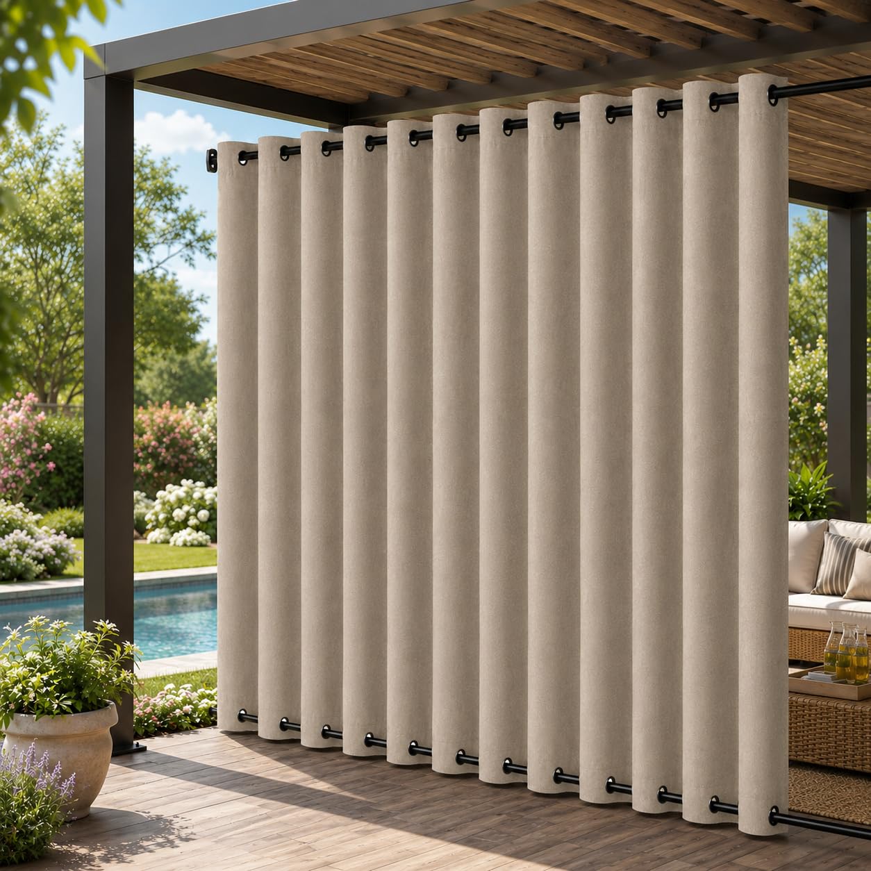 Lapalife 100 x 108 Inch Extra Wide 100% Blackout Outdoor Curtain, 260gsm Linen Waterproof Windproof Eyelet Panel for Gazebo Pergola
