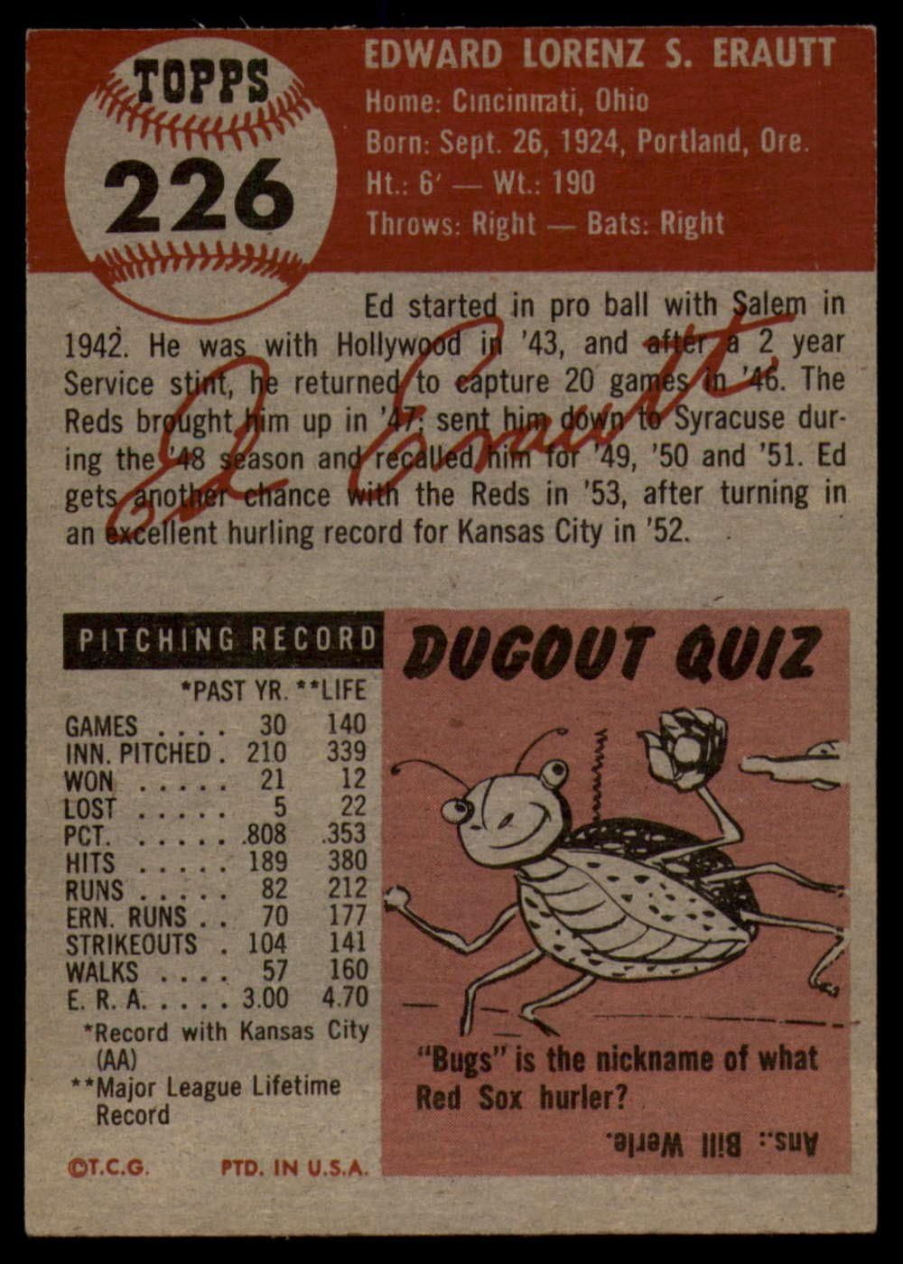 Baseball MLB 1953 Topps #226 Ed Erautt VG Reds