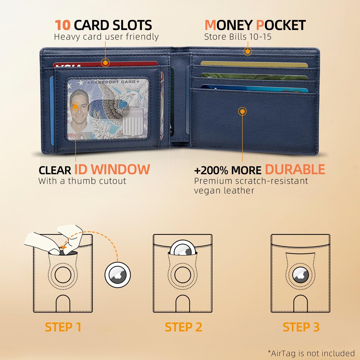 RUNBOX AirTag-Wallet-Mens-Slim-RFID Blocking Wallets Leather with Bill Compartment Air Tag Bifold Card Holder Wallet Gifts for Men Dad image 2