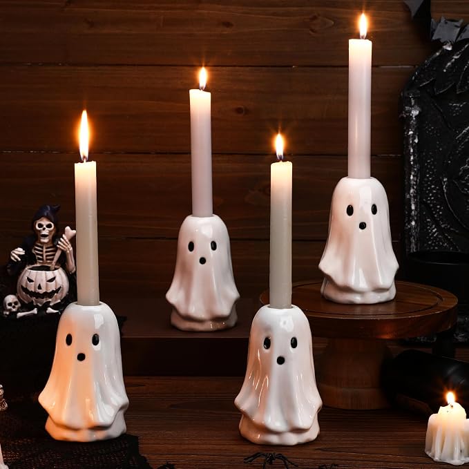 Mumufy 4pcs Ceramic Halloween Ghost Candlestick Holders Cute Candle Holders