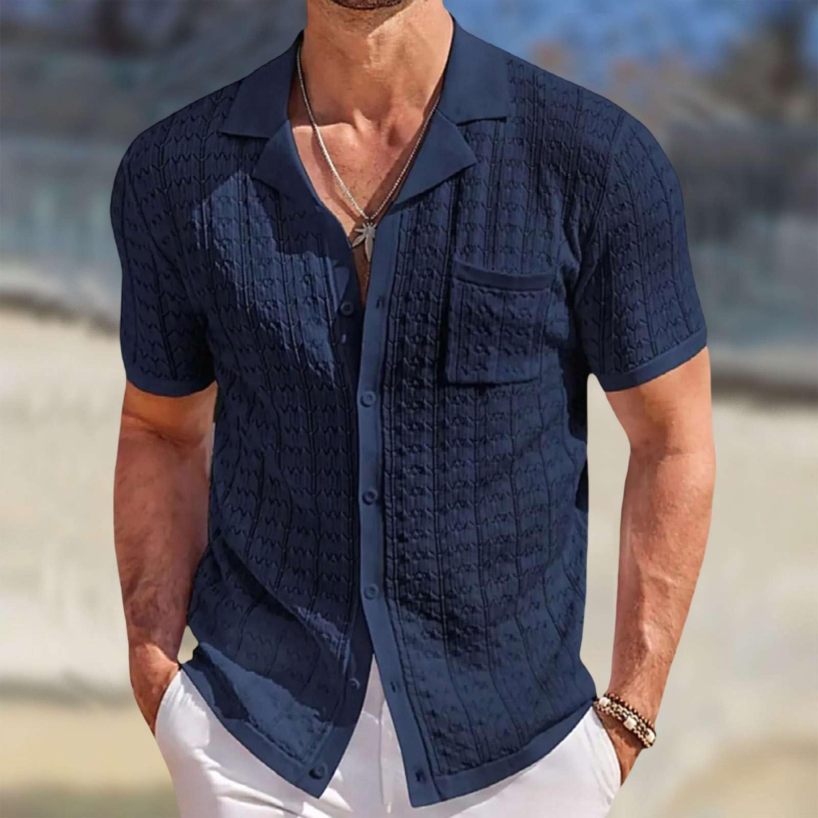 Chemise Polo Homme Tricotée Bohème Manches Courtes Casual Chic