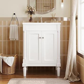 24 in Small Bathroom Vanity with Sink, 2 Doors and Adjustable Shelf, Wood Modern Single Bathroom Sink Cabinet Freestanding White