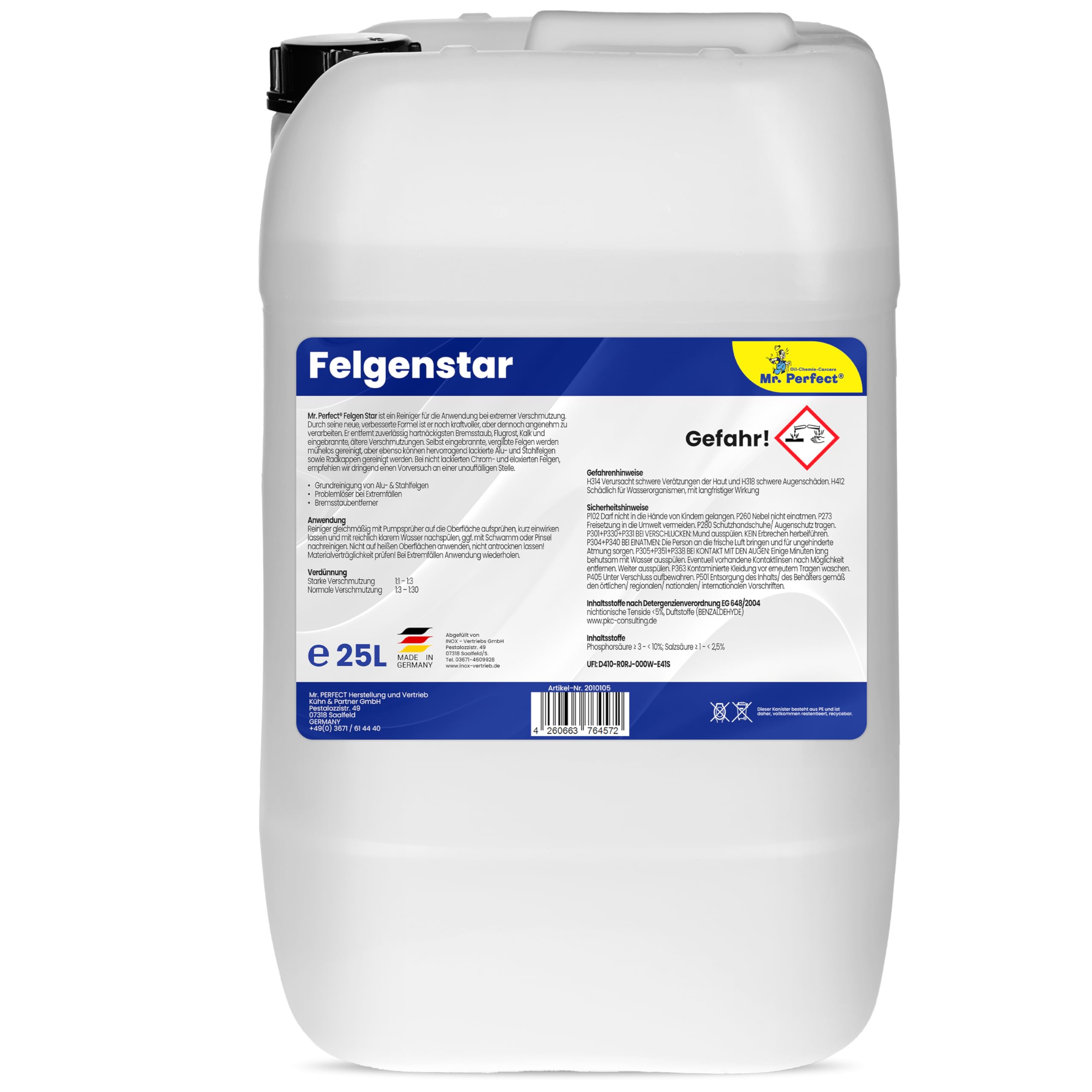 Mr. Perfect Felgenreiniger für Alufelgen & Stahlfelgen 25L | Saurer Felgen Reiniger entfernt hartnäckige Verschmutzungen, Bremsstaub & Flugrost | Felgenpflege für Auto & Motorrad | Made in Germany
