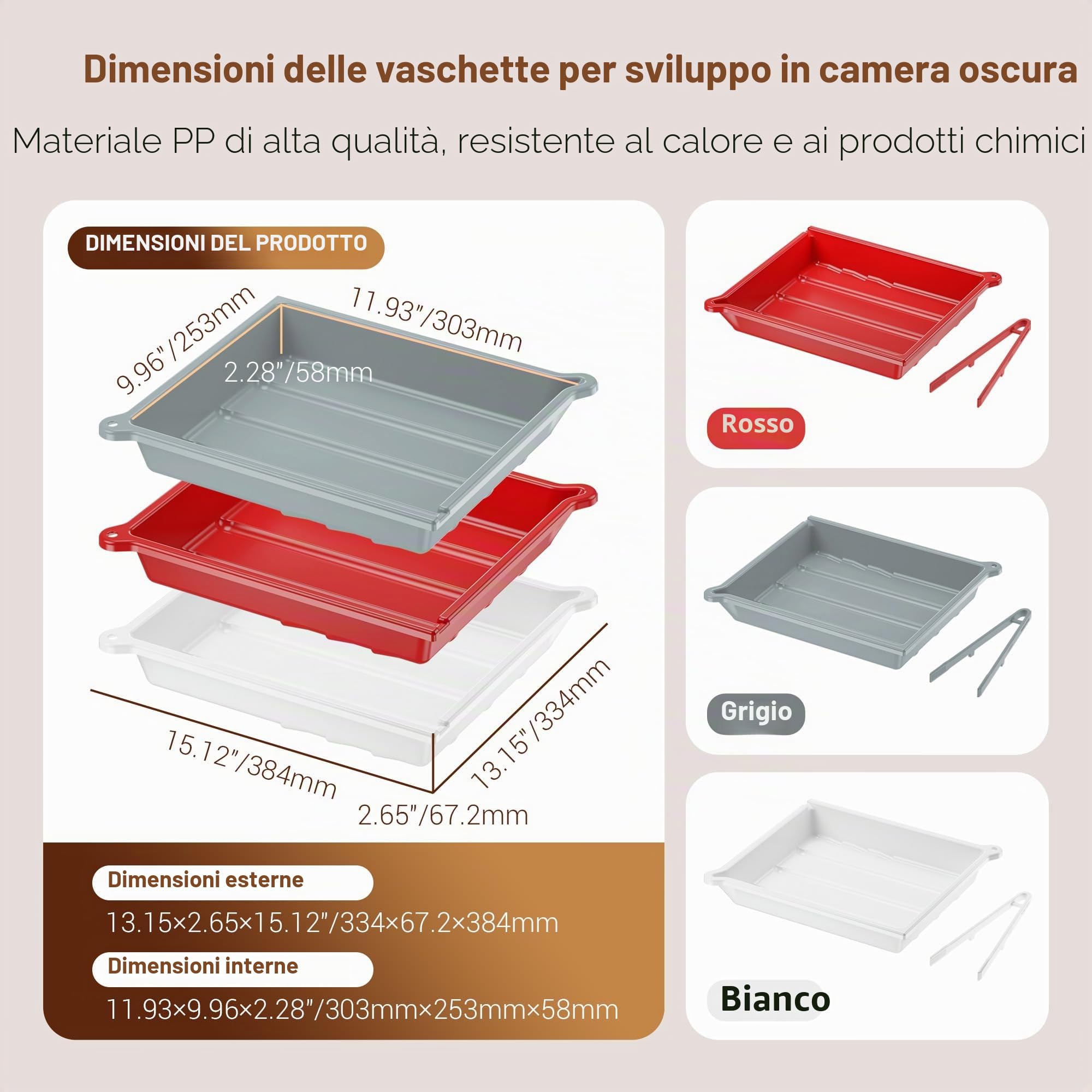 JJC Darkroom - Vassoio per lo sviluppo di pellicole per stampa fotografica con clip in silicone, porta di drenaggio e scomparto per termometro, 33,4 x 38,4 cm, 33,4 x 38,4 cm, bianco, rosso, grigio