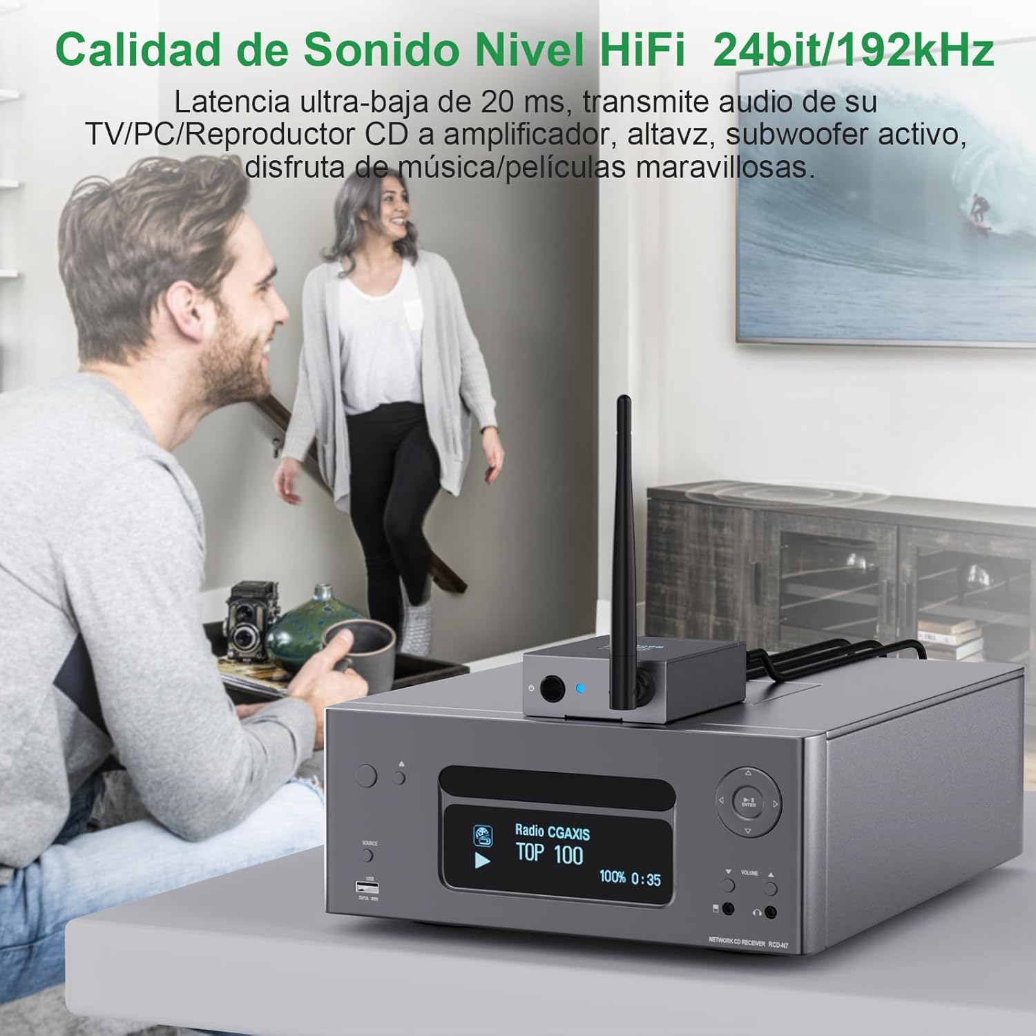 1Mii (1 TX+2 RX) Transmisor Receptor de Audio Inalámbrico | 2.4GHz Audio, Baja Latencia 20ms, Largo Alcance 100m, Salida 3.5mm AUX/RCA, Desde TV/PC a Altavoz Activo y Barra de Sonido