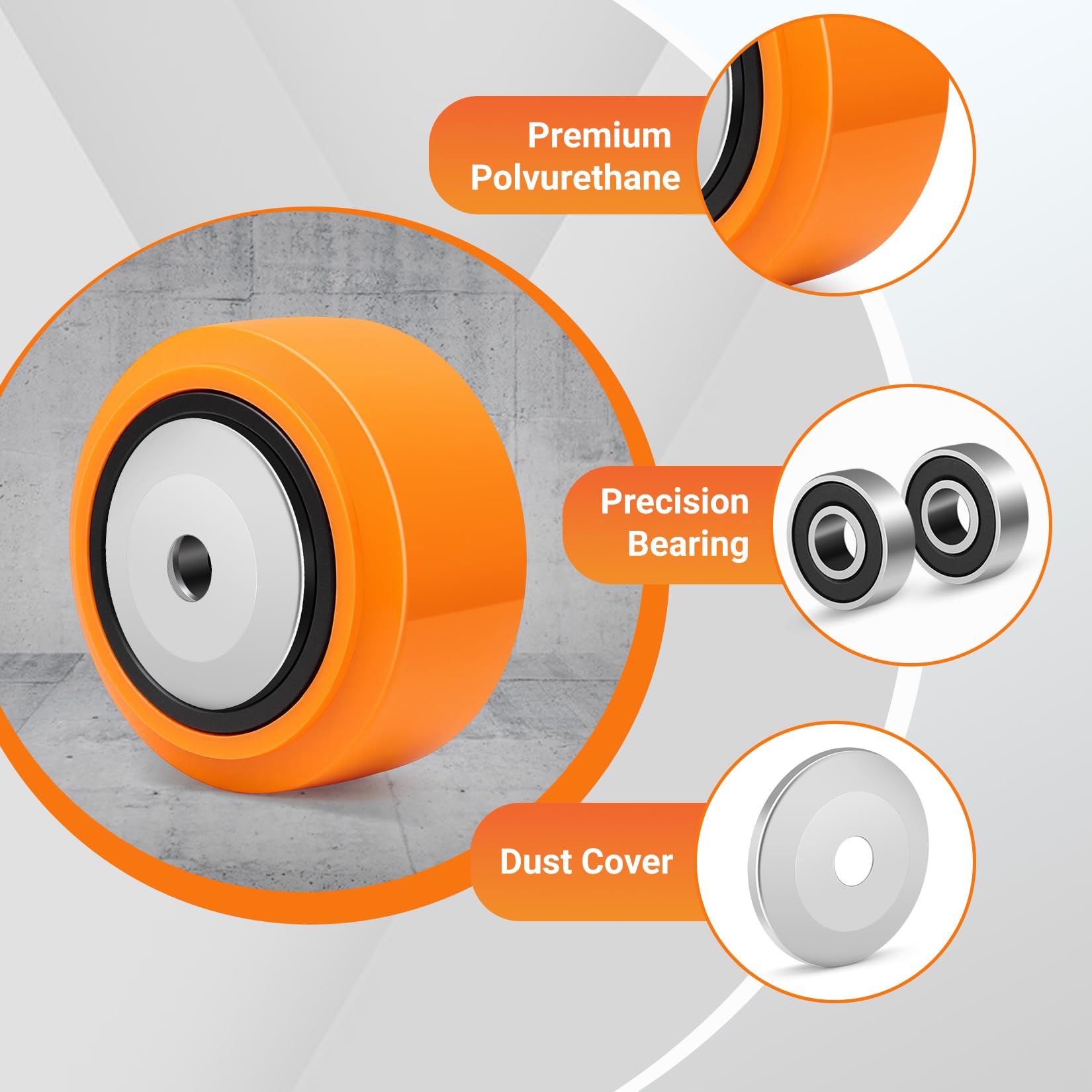 Roues de Rechange 100x50 mm (4" x 2") pour Roulette Charge Lourde, Polyuréthane, Double Roulement, Capacité 1100 kg, Alésage 12,7 mm Pare-poussière inclus pour Établi, Machines, Lot de 4