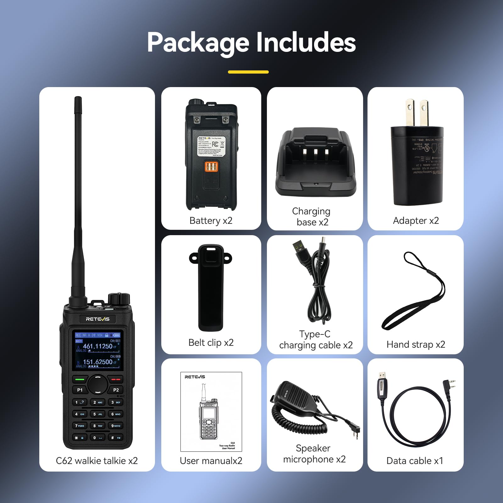 Retevis C62 UHF/VHF Przenośne Radio ze Słuchawką, Akumulatorowe Ham Radio, Wysokiej Mocy Dwukierunkowe Radio Dalekiego Zasięgu, 2000mAh, do Restauracji, Hoteli, Supermarketów (opakowanie 2 szt)