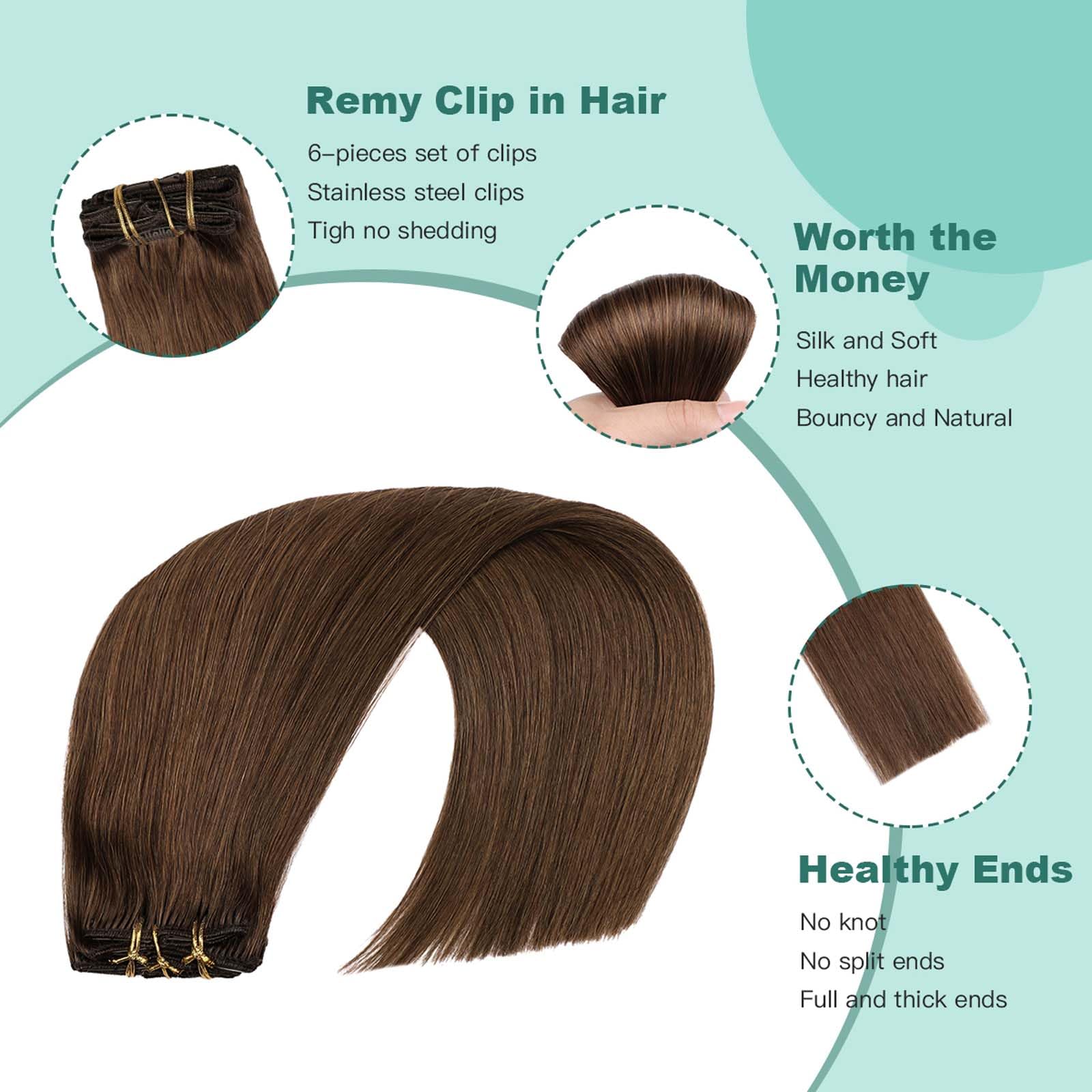 VINBAO Extension Clip Capelli Veri #4 Castano Cioccolato Extension Capelli Veri Clip, 55cm Remy Umani Naturali Capelli Extension con Clip 120g Lisci Estensioni Dei Capelli 6pcs (#C4, 22")