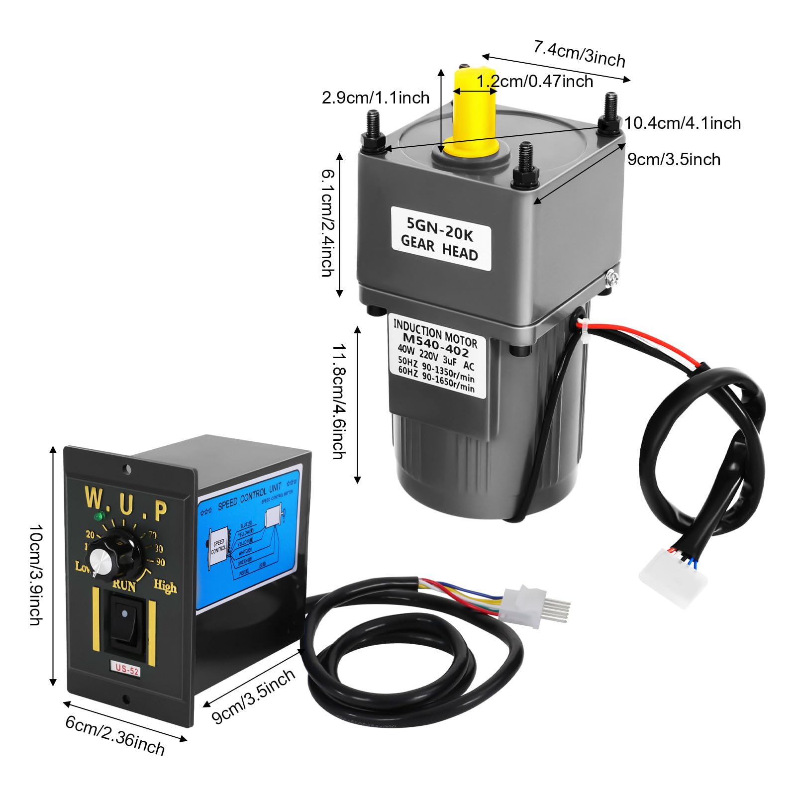 Motoréducteur Électrique 220 V 40 W (20 K), Moteurs à Vitesse Variable, Moteur à Engrenages Réglable Réglable en Continu Monophasé, avec Contrôleur de Vitesse Moteur à Engrenages 0-90rpm
