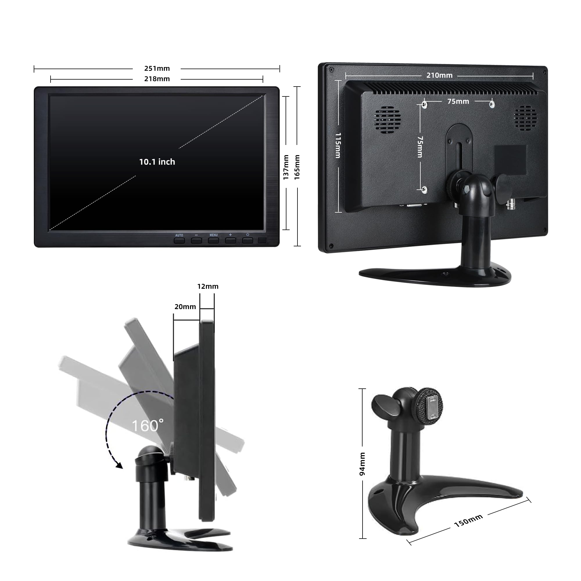 Monitor CCTV, mały monitor 10,1 cala, przenośny monitor IPS 1024 x 600 z podstawką, wbudowane głośniki, pilot zdalnego sterowania, wejście DMI/VGA/BNC/USB do kamery bezpieczeństwa i komputera