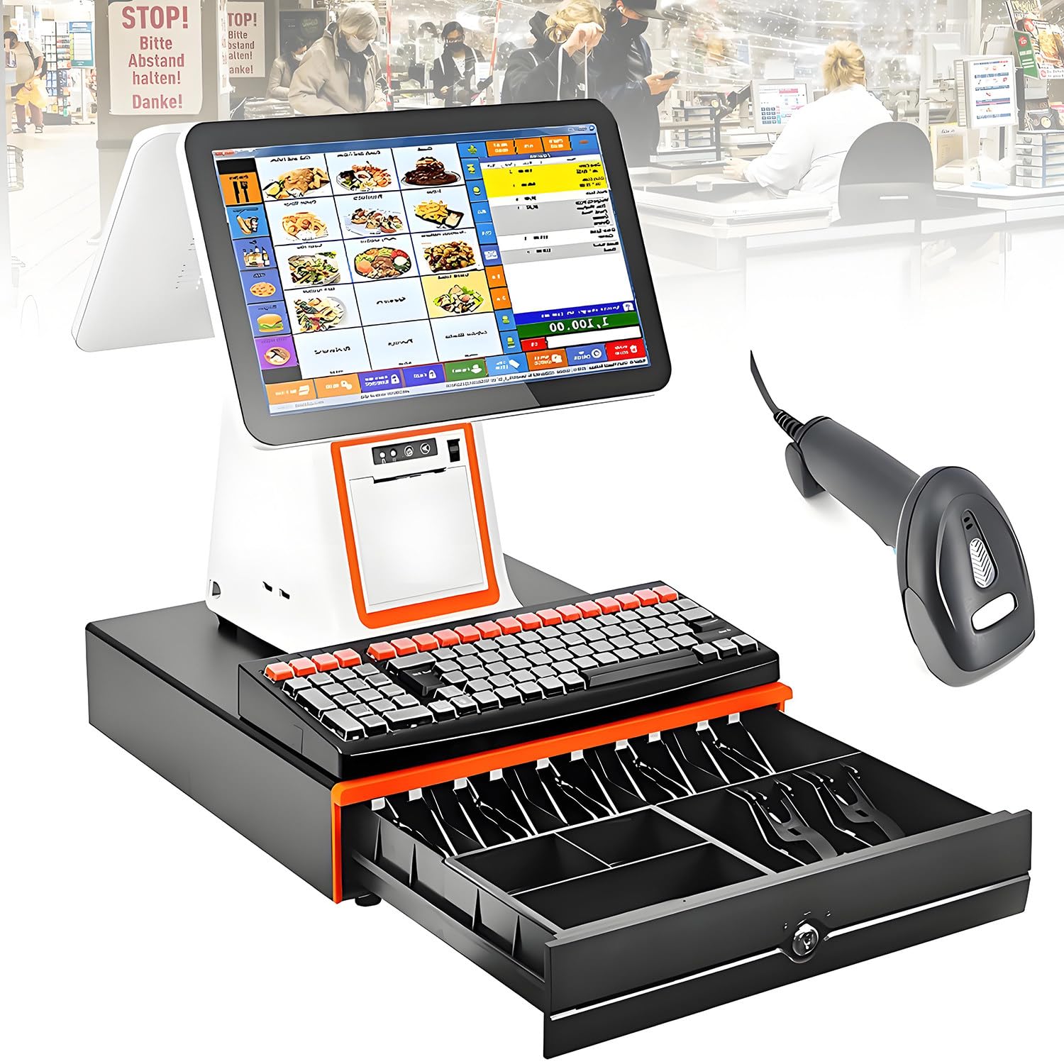 Caja registradora Todo en uno con Pantalla táctil y Doble Monitor, Sistemas POS para pequeñas Empresas, 8 GB de RAM, SSD de 128 GB, Impresora, cajón de Efectivo y Software White-B