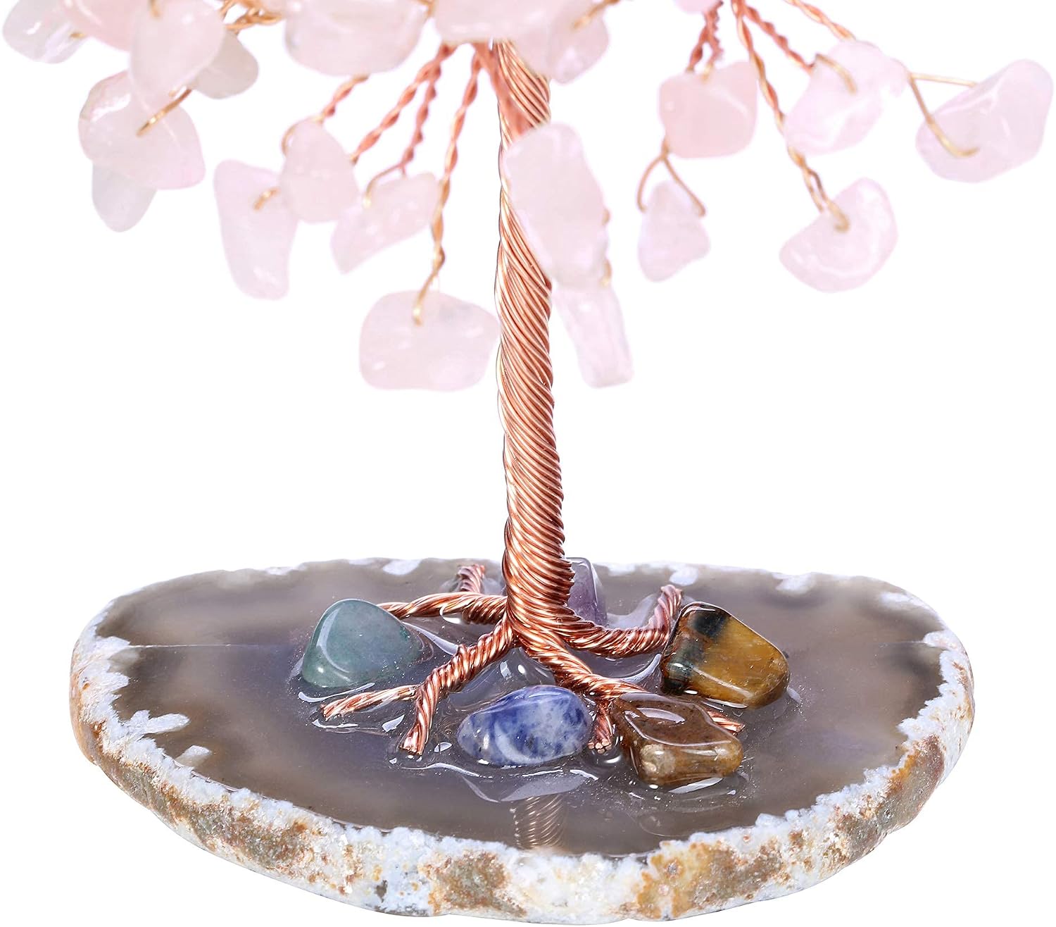 Jovivi Natural Pink Rose Quartz Crystal Tree on Agate Slice Base Healing Stones Gem Money Tree for Home Office Table Decorations