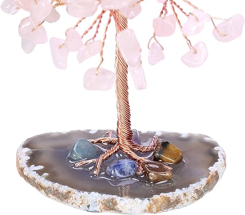 Miniatura 6 de Jovivi Árbol de cristal de cuarzo rosa natural curativo con base cuadrada de resina, alambre de cobre, árbol de dinero bonsái de cristal para